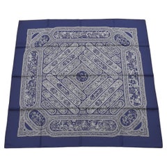 Magnifique écharpe en soie Hermès Qalamdan Perse Iran Bleu marine 90 cm