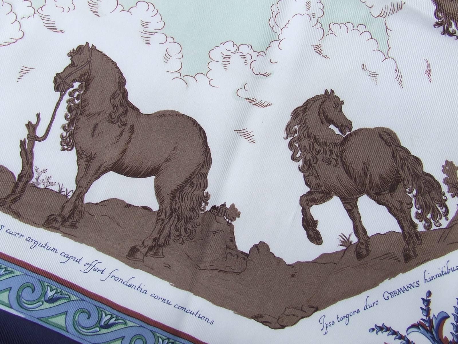 Hermes Silk Scarf Courbettes et Cabrioles 1654 Horses Blue 90 cm 5