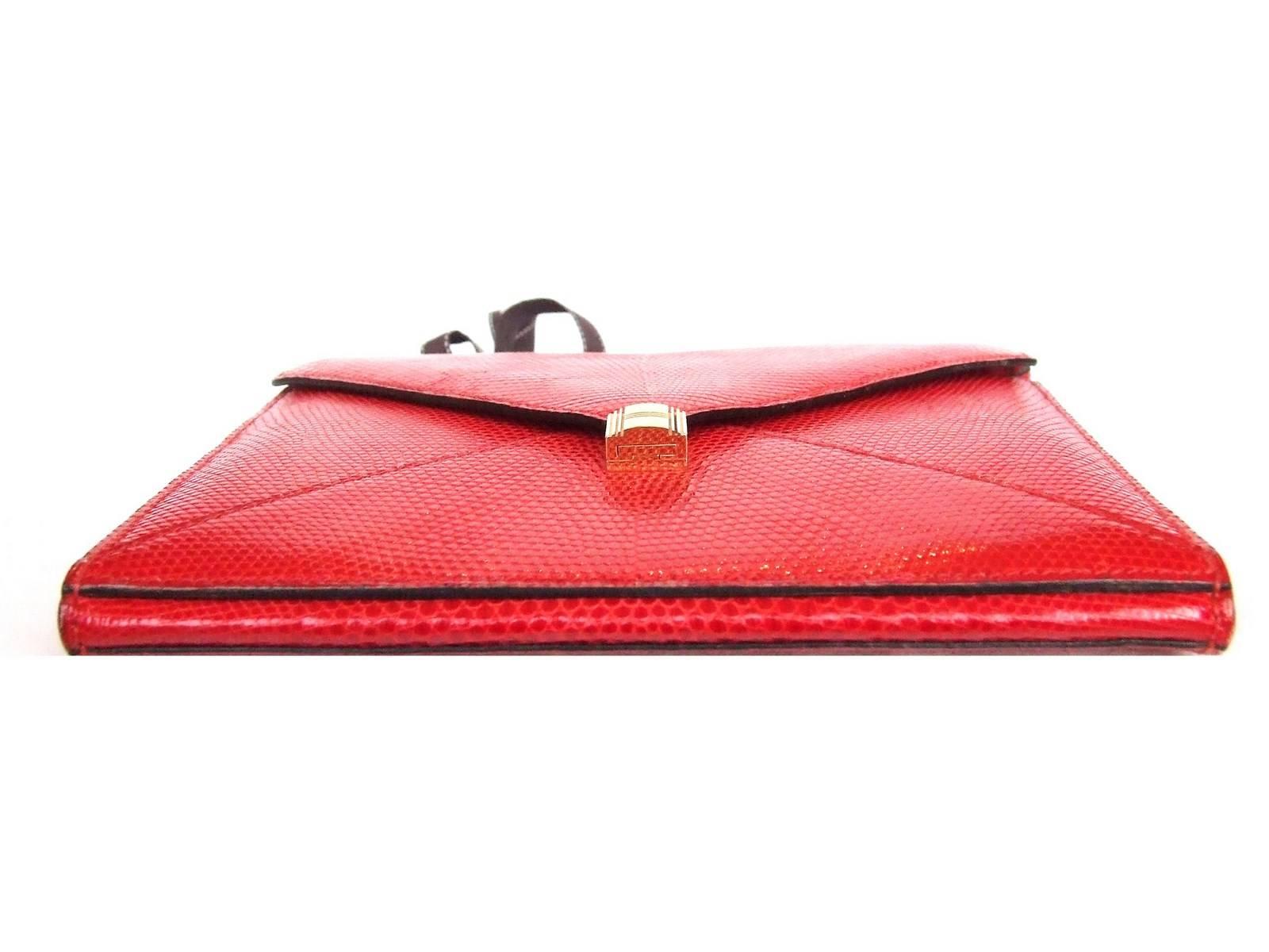 Rare Hermes Marigny Bag Clutch Envelope 3 ways Red Lizard Gold Hdw + Mirror 1