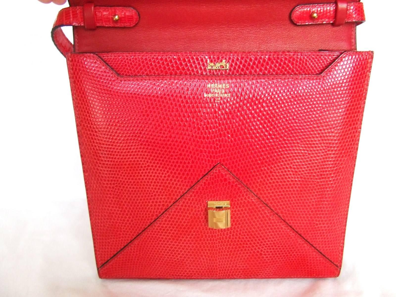 Rare Hermes Marigny Bag Clutch Envelope 3 ways Red Lizard Gold Hdw + Mirror 2