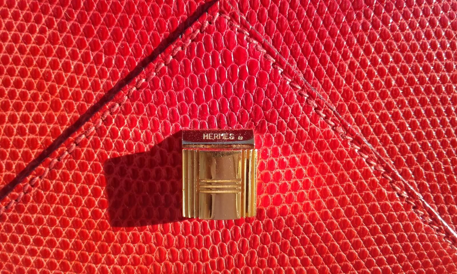 Rare Hermes Marigny Bag Clutch Envelope 3 ways Red Lizard Gold Hdw + Mirror 3