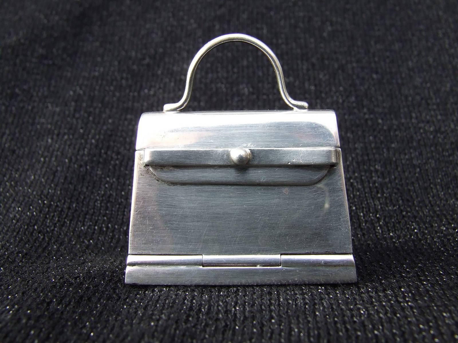 Hermes Mini Kelly Bag Pill Box Pill Container Mirror in Silver RARE at ...