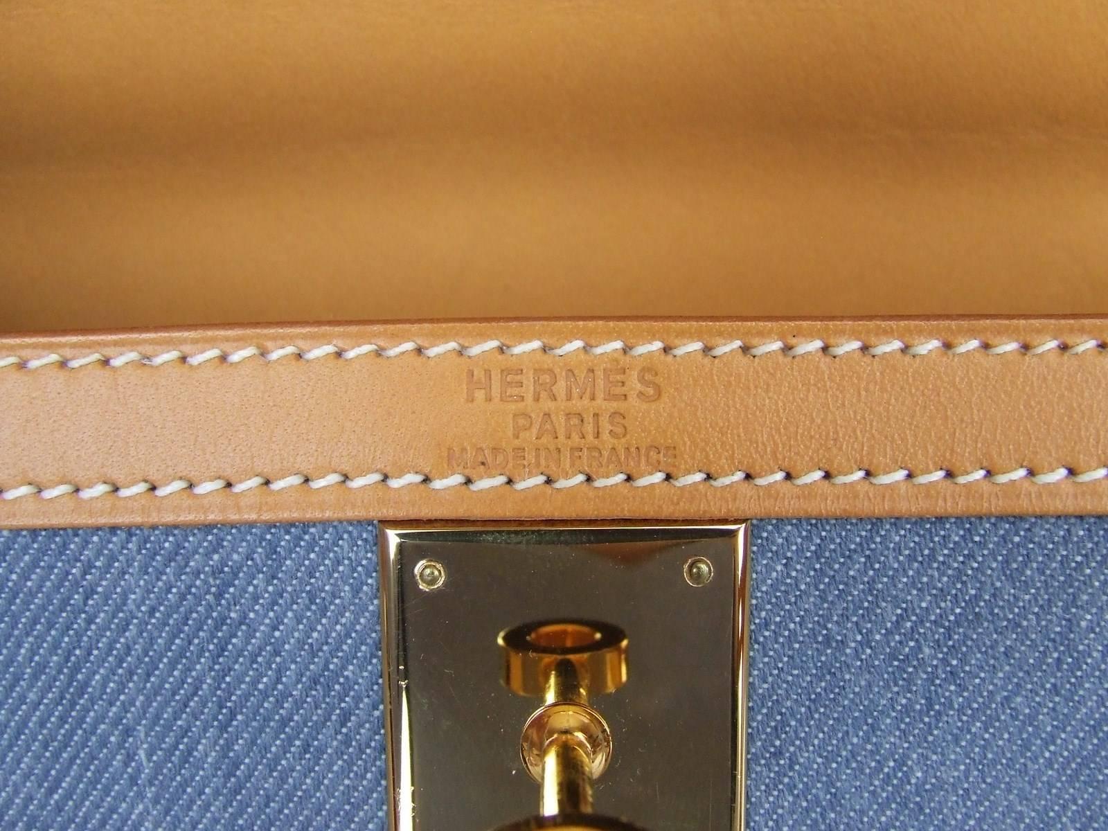 Women's Exceptional Hermes Kelly Sellier Bag Gold Leather Blue Jean Canvas Gold Hdw 