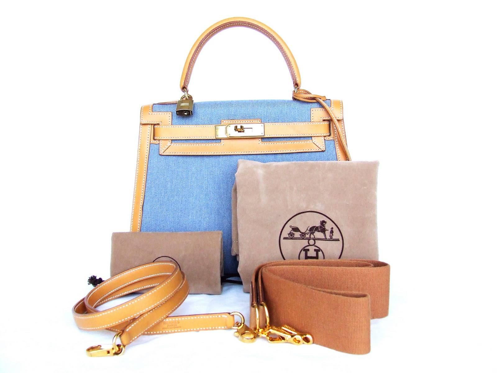 Exceptional Hermes Kelly Sellier Bag Gold Leather Blue Jean Canvas Gold Hdw  3