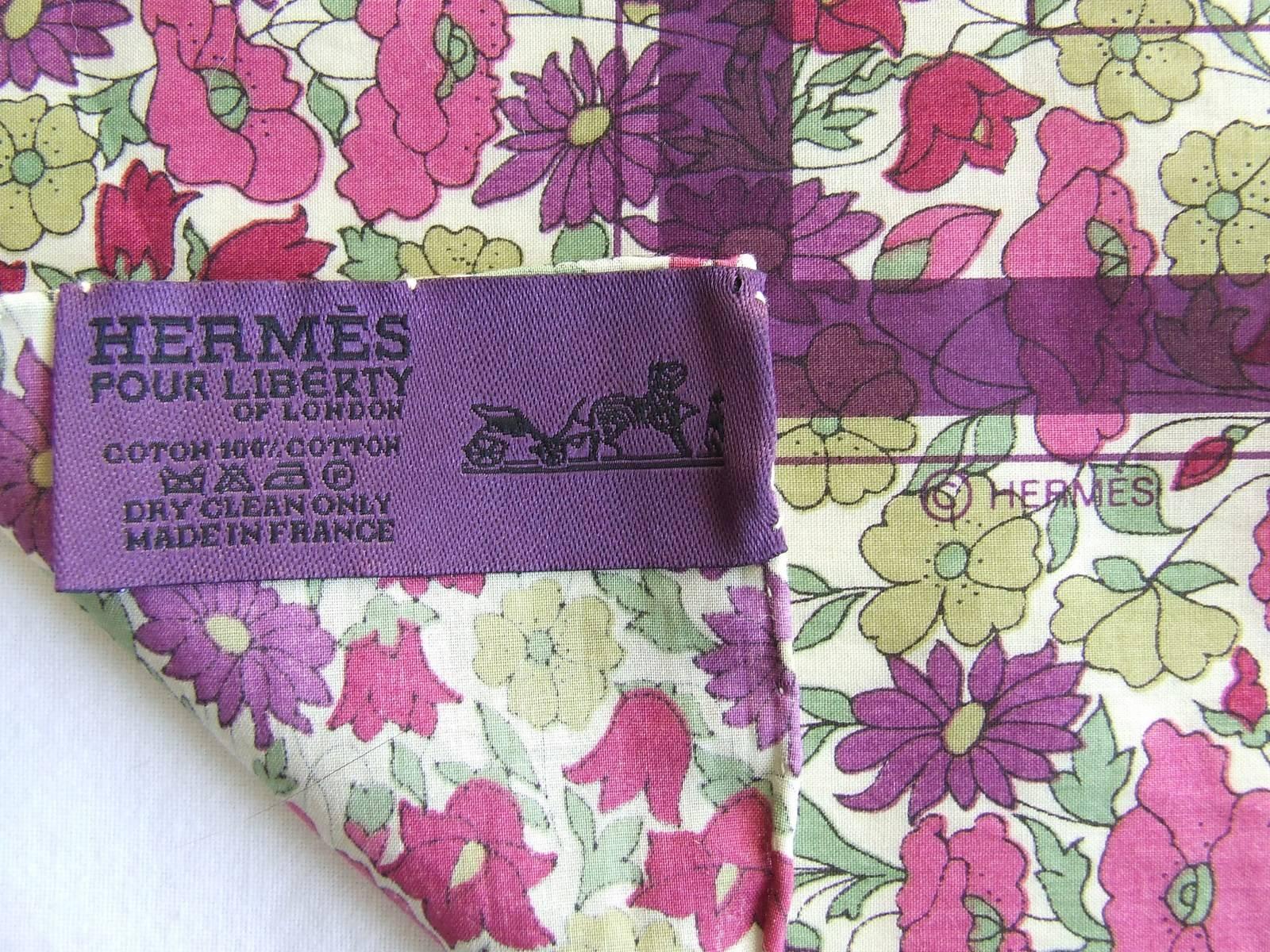 Limited Rare Hermes For Liberty Cotton Scarf Ex Libris and Flowers 70 cm 2