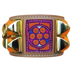 Hermès CDC Bracelet Collier De Chien Cuff Embroidered India 2008 Golden Hdw