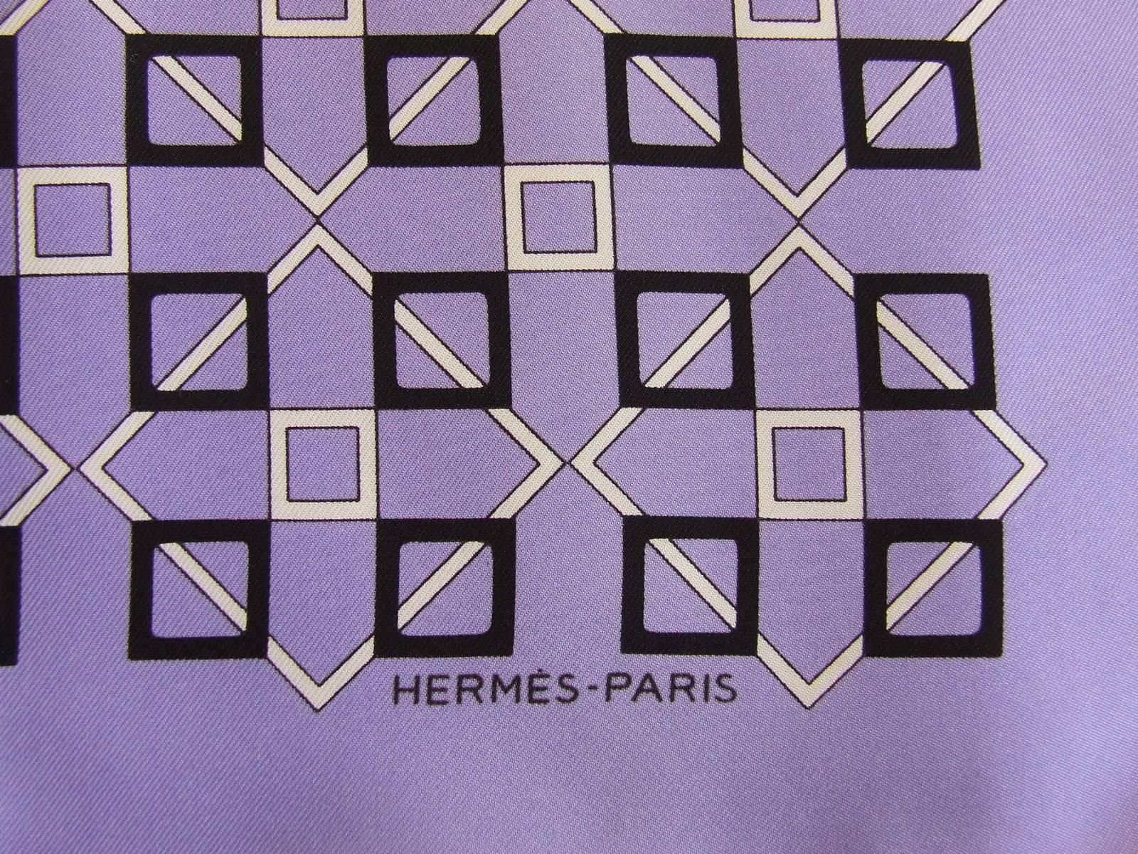 Herems Silk Scarf Geometric Patterns Purple White Black 67 cm 2