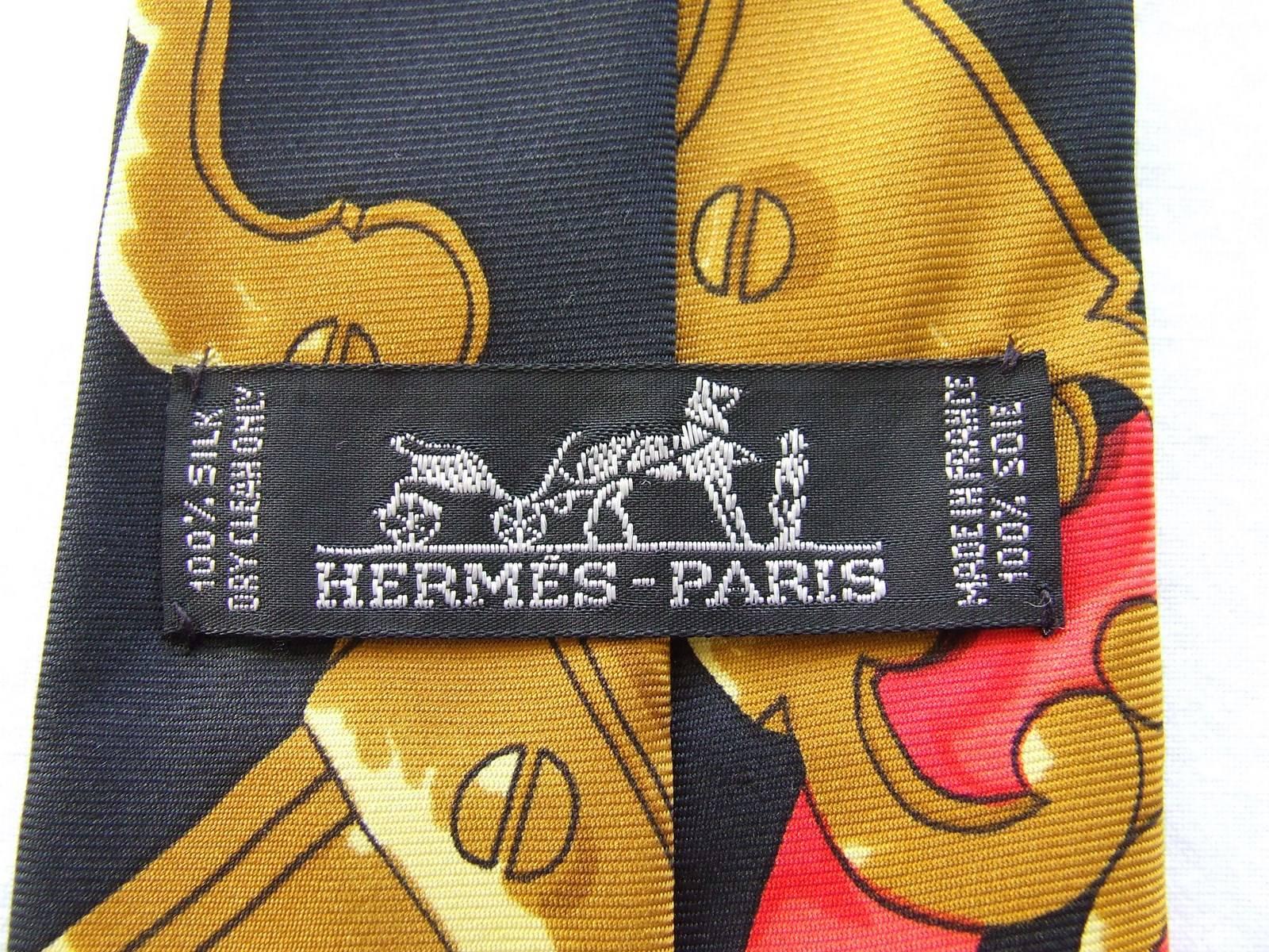 Men's Hermies Silk Tie Ferronnerie Cathy Latham Navy Blue Gold Red In Box