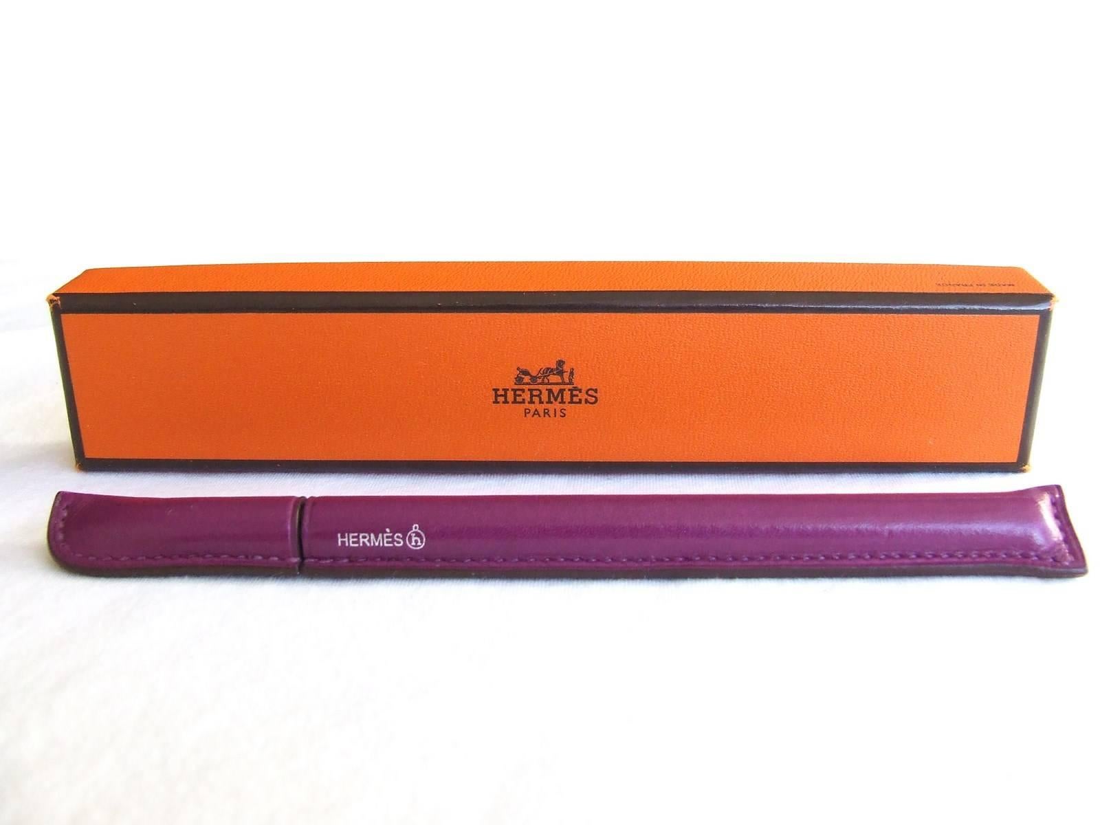 RARE CHIC Hermes Pencil Case Cover in Purple Leather Petit H 3