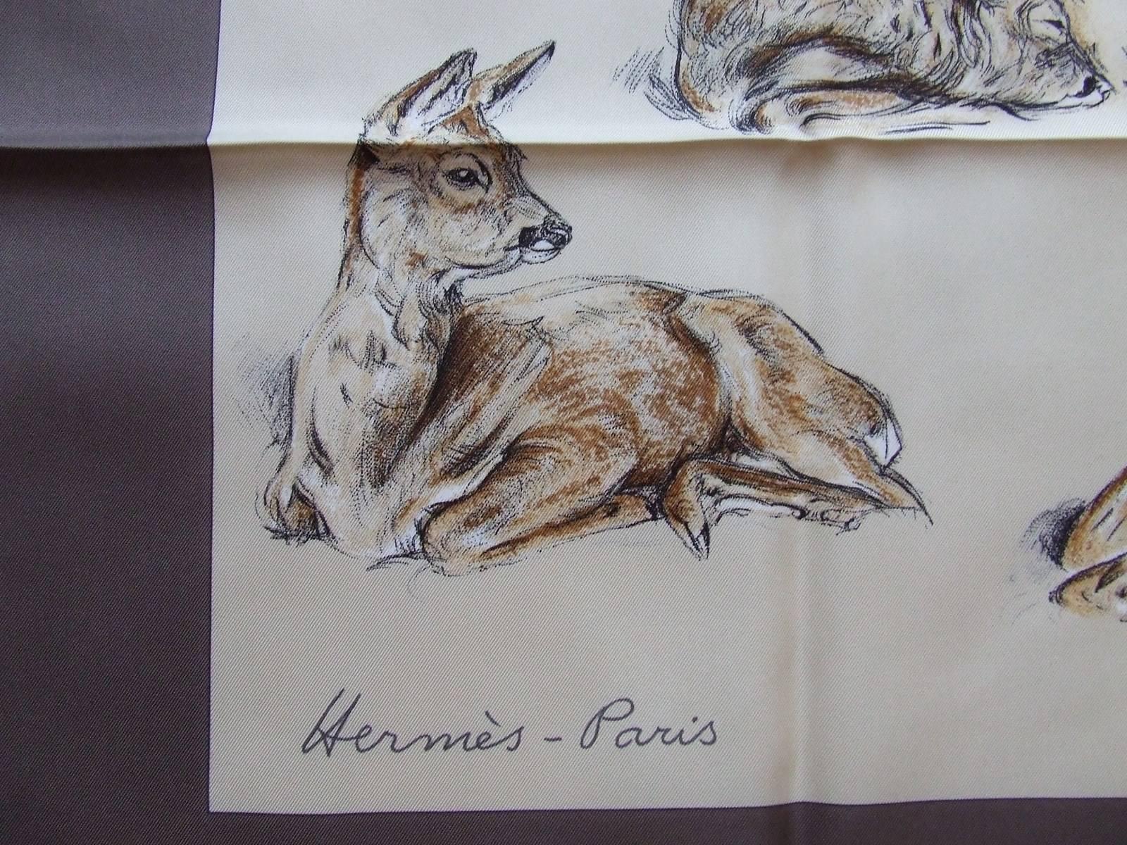 Beige Hermes Silk Scarf Les Biches Xavier de Poret Hind Deer Etoupe 90 cm