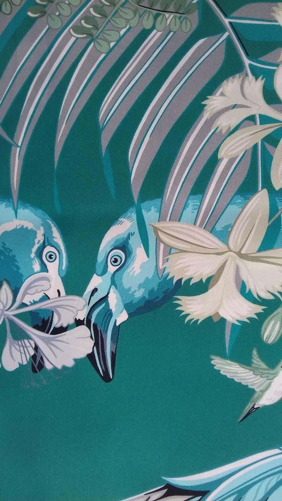 Hermes Silk Scarf Maxi Twilly Flamingo Party Gree Blue 220 cm In Box 1