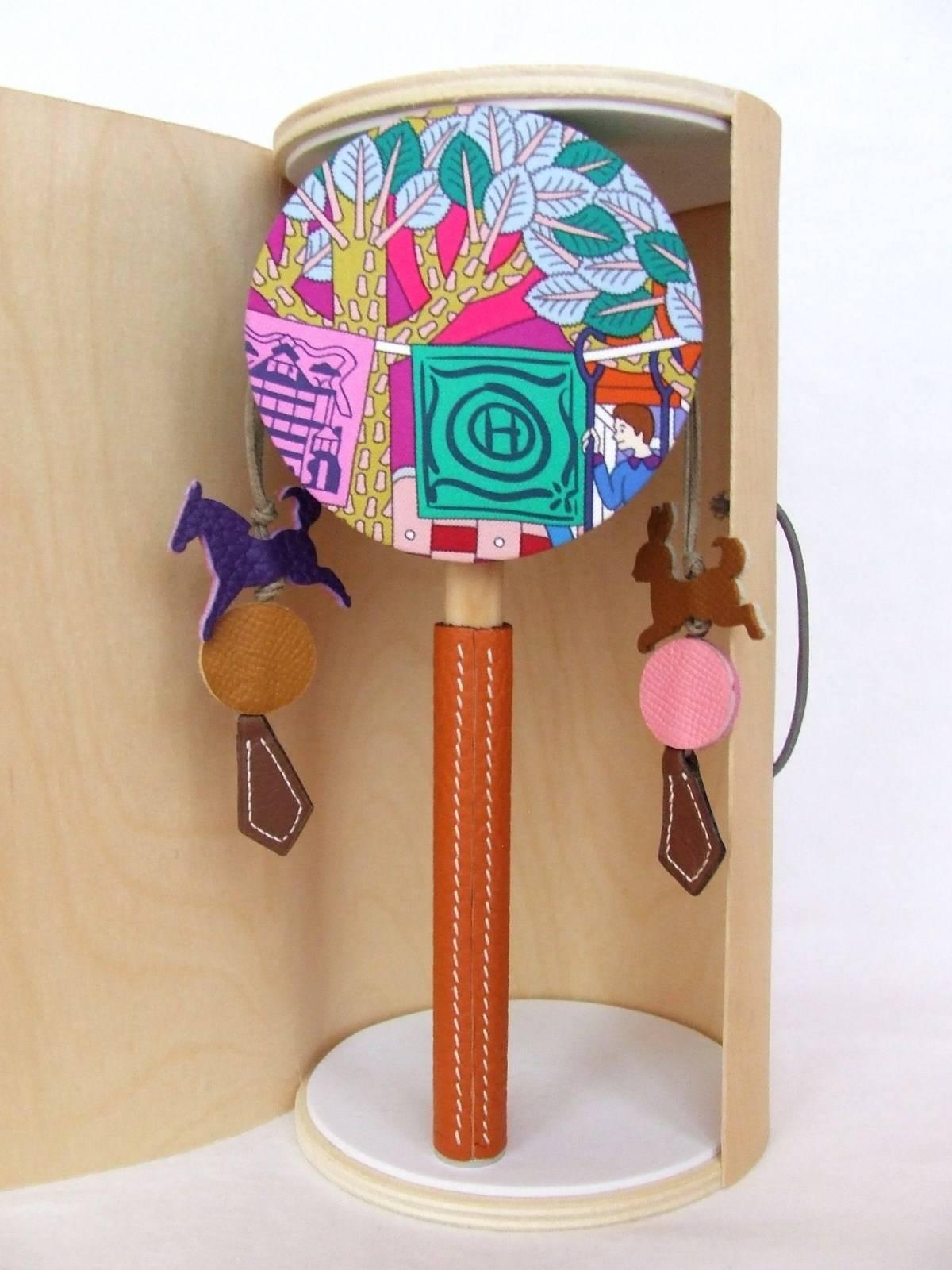 Rare Gorgeous Hermes Tambourine Baby Rattle Toy Silk Leather 2