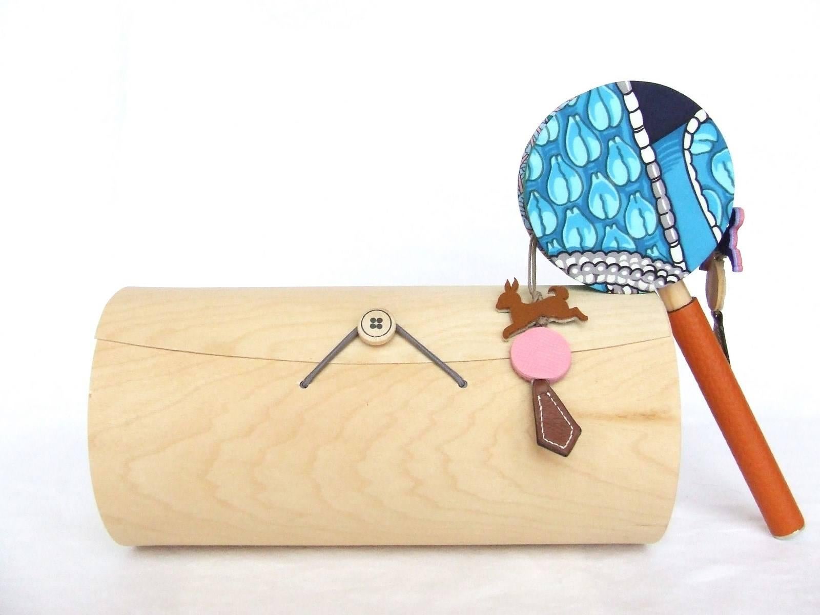 Rare Gorgeous Hermes Tambourine Baby Rattle Toy Silk Leather 3