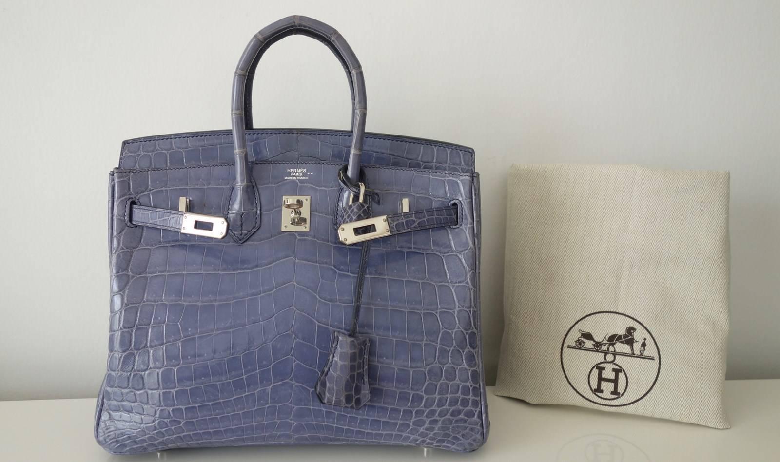 RARE Hermes Birkin 25 Handbag Bleu Brighton Crocodile Nilo Palladium Hdw 3