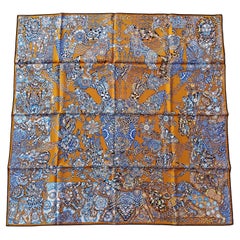 Hermès La Legende de La Foret Emeline Piot Silk Scarf Gold Blue 35'