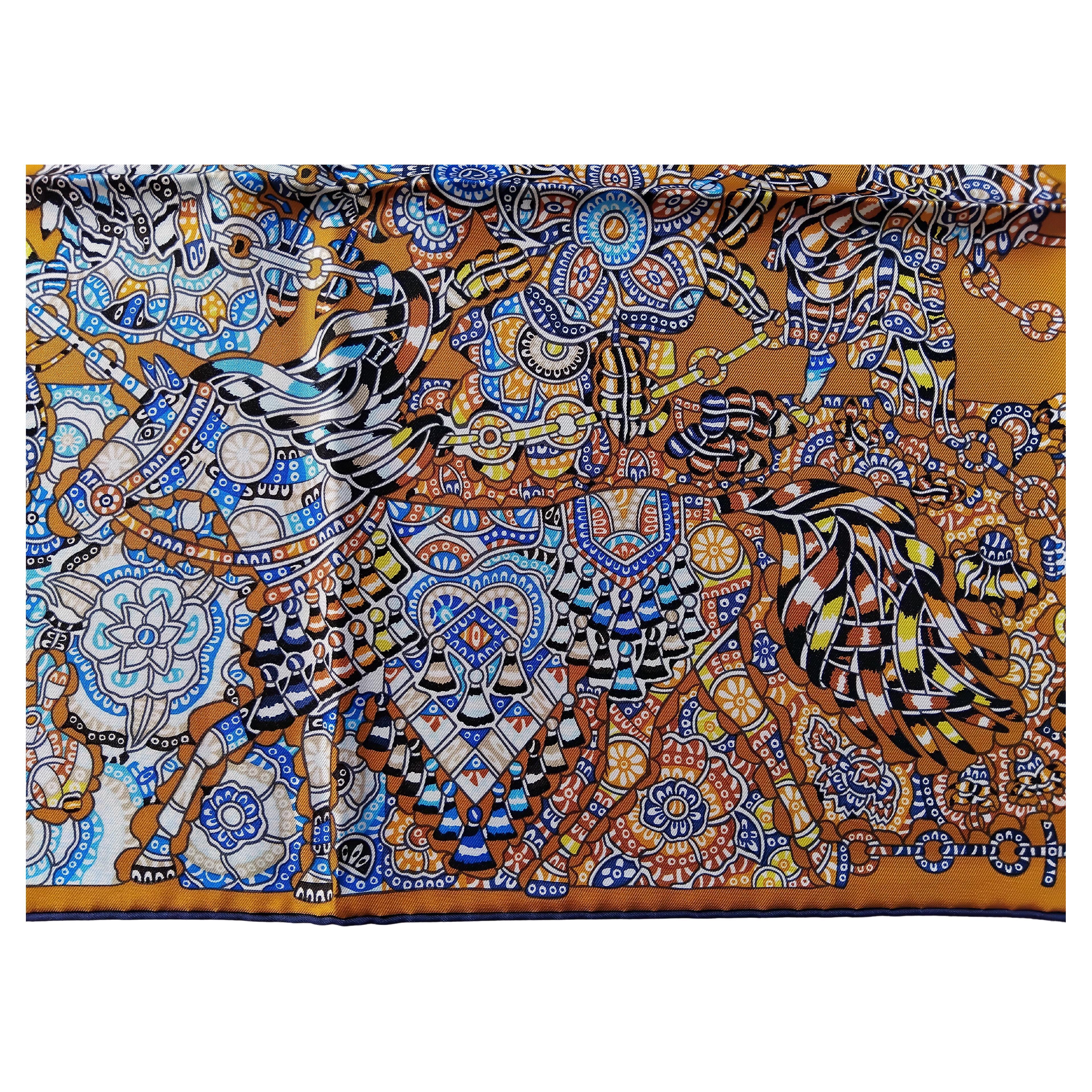 Hermès La Legende de La Foret Emeline Piot Silk Scarf Gold Blue 35' 1