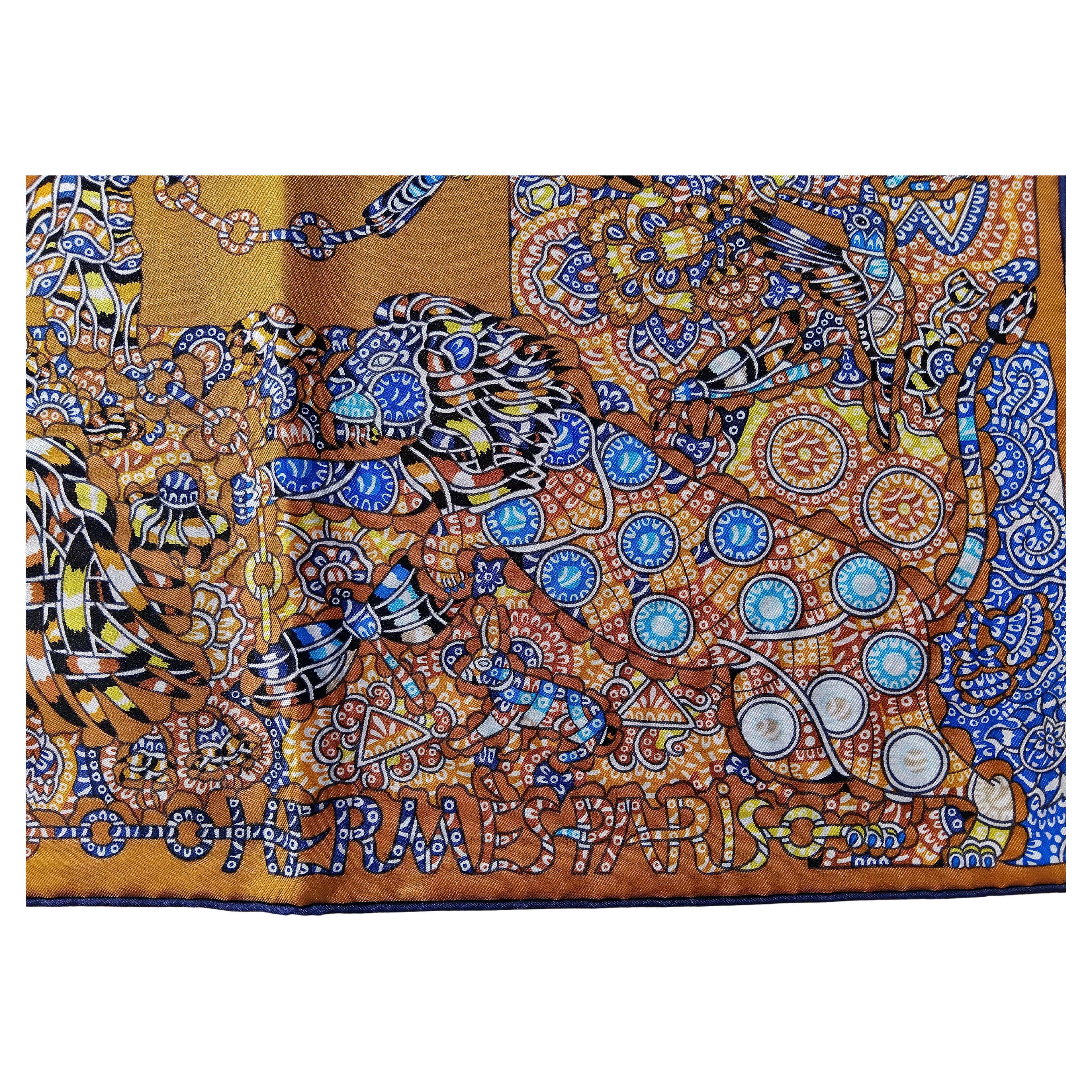 Women's Hermès La Legende de La Foret Emeline Piot Silk Scarf Gold Blue 35'