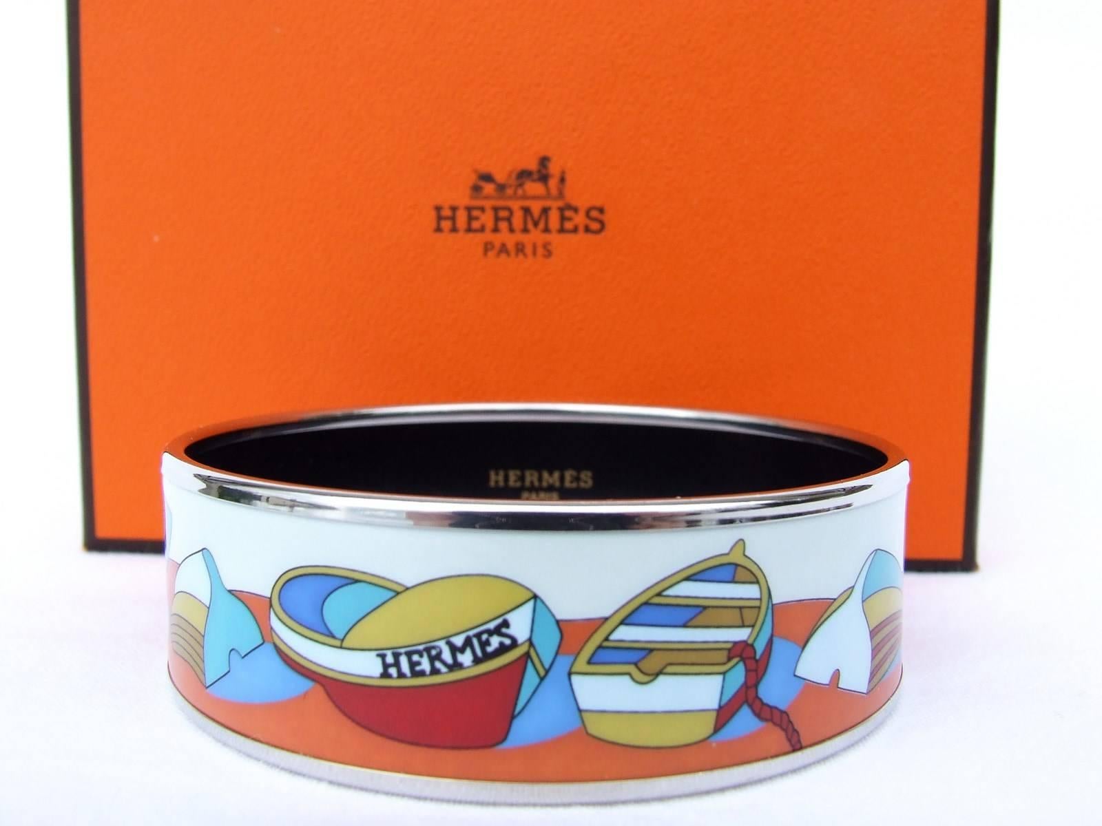 Hermes Enamel Printed Bracelet Thalassa Boats See PHW Size 65 Box 4