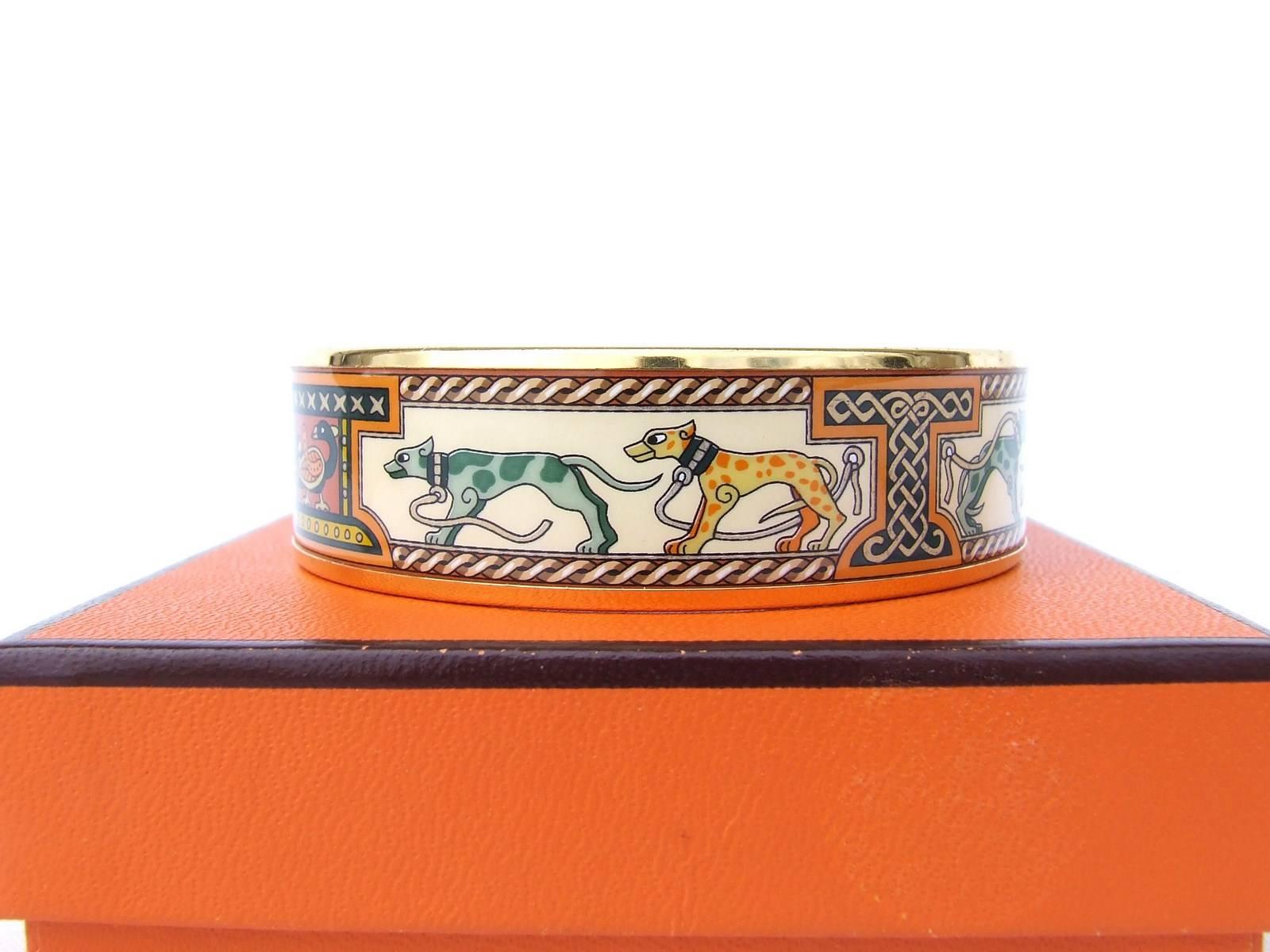 Women's Hermes Printed Enamel Bracelet Greyhound Dogs Levriers GHW Size 65