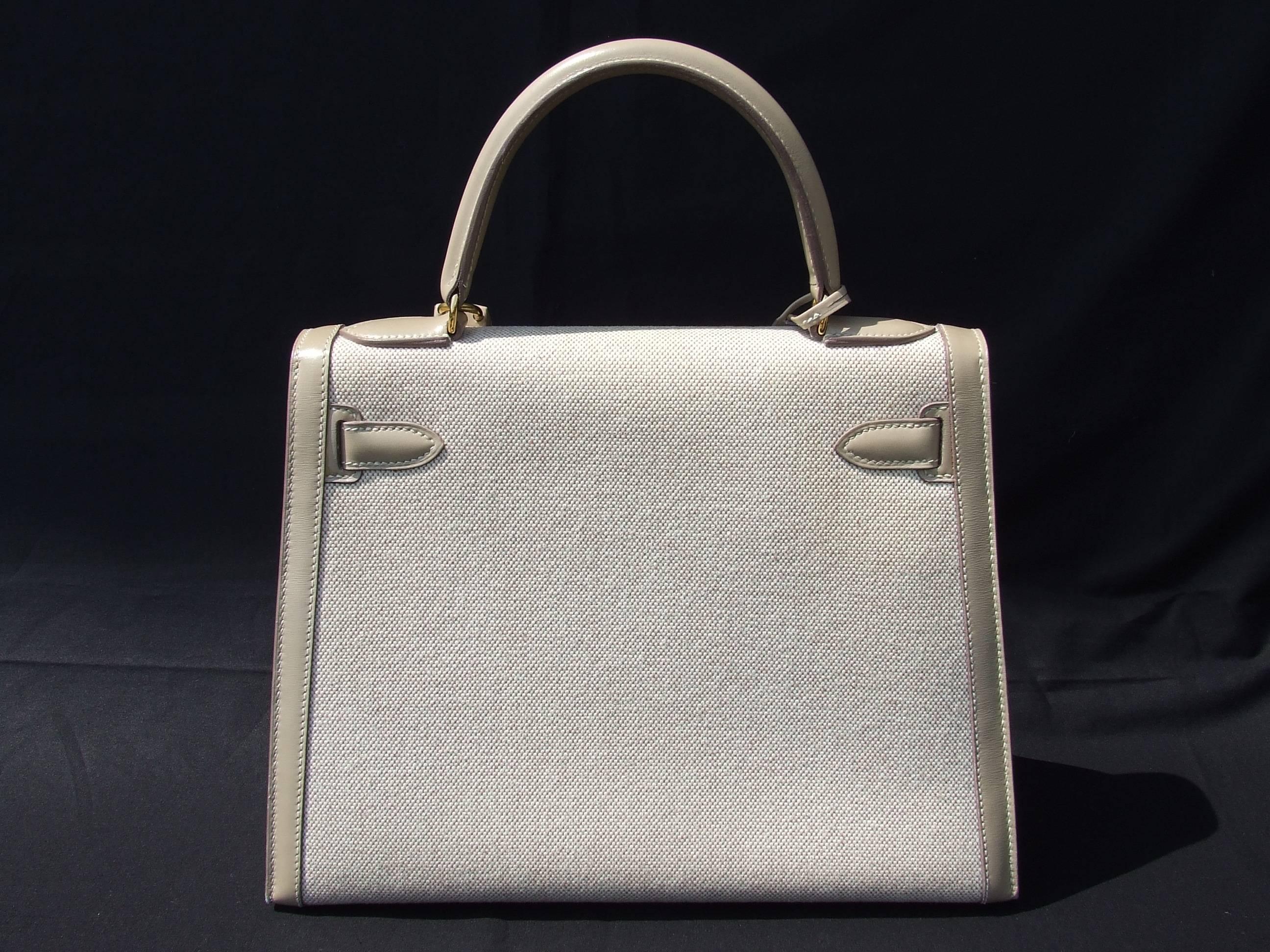 Women's Hermès Kelly Bag Sellier Bi Matiere Toile Canvas Beige Leather Ghw 28 cm Strap