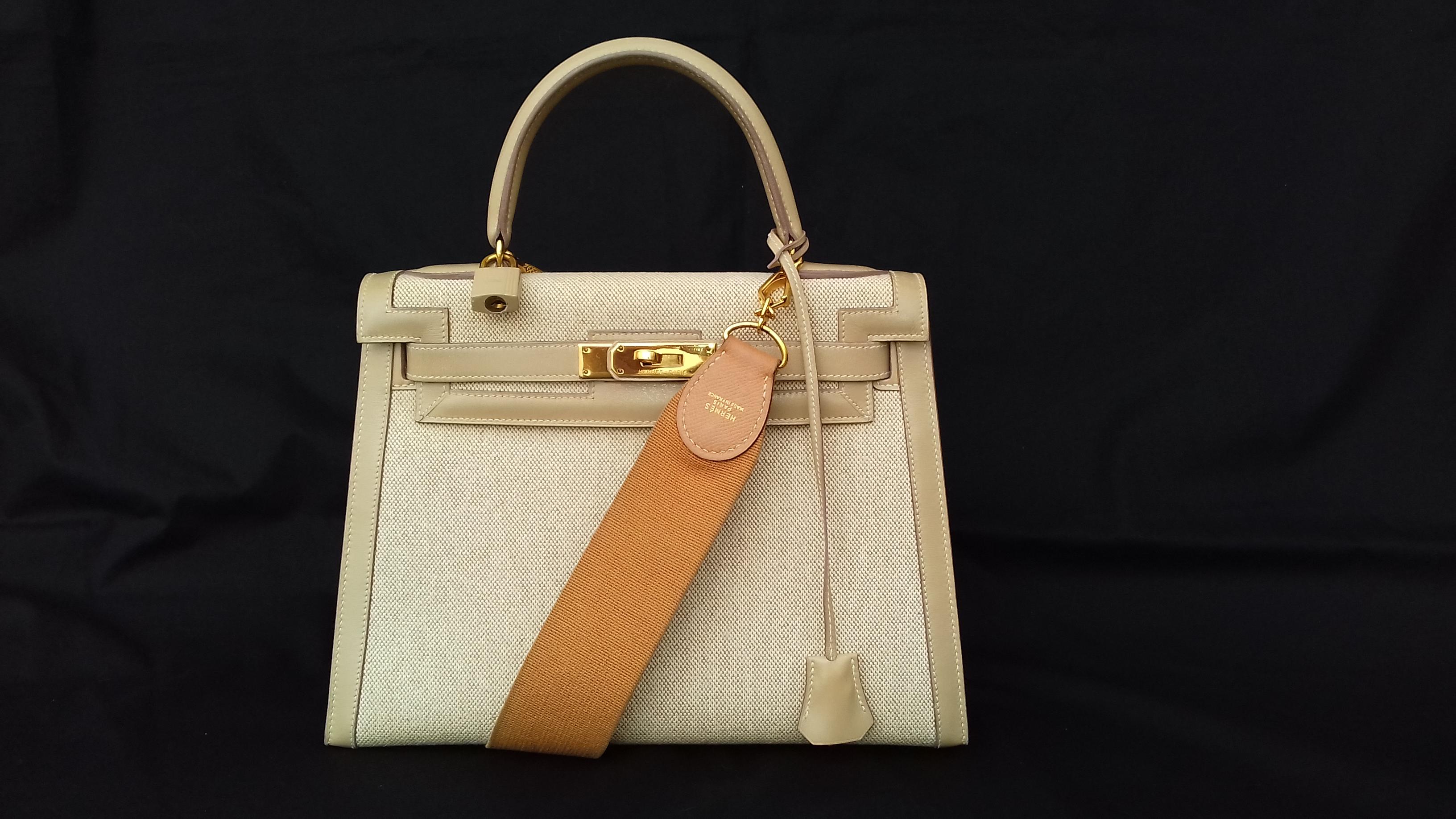 Hermès Kelly Bag Sellier Bi Matiere Toile Canvas Beige Leather Ghw 28 cm Strap 11