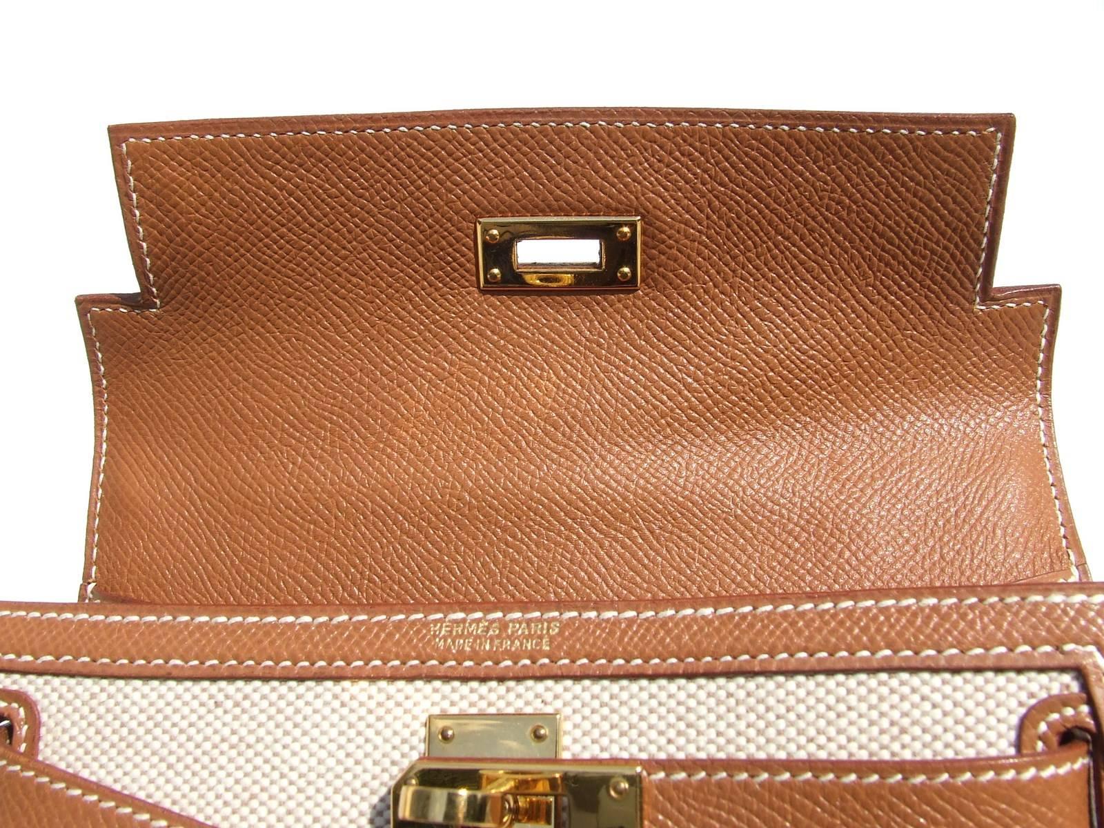 Brown Extremely RARE HERMES Mini Kelly 20 cm Sellier Bag Canvas Gold Leather GHW