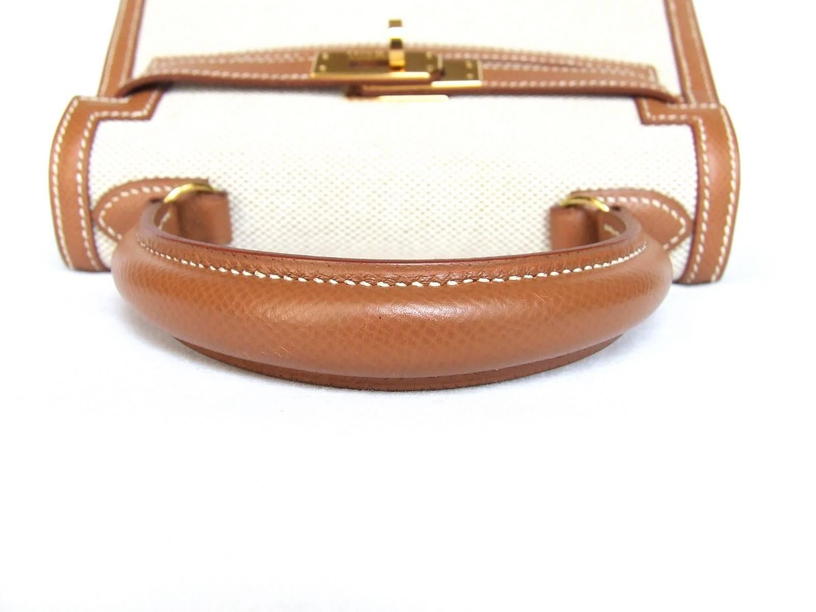 Extremely RARE HERMES Mini Kelly 20 cm Sellier Bag Canvas Gold Leather GHW 2