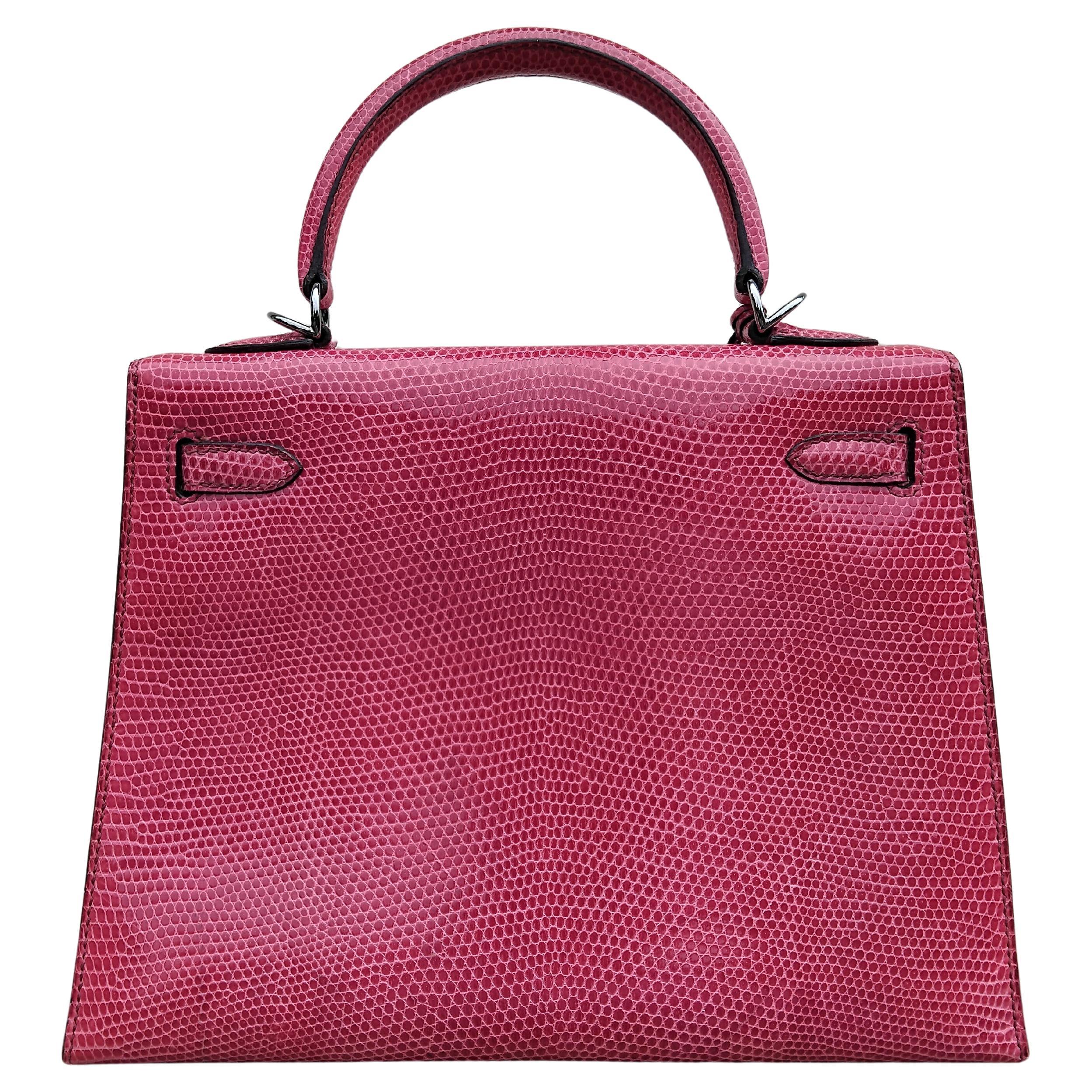 Hermès Kelly 25 cm Sellier Fuchsia Rosa Eidechse Ruth Hdw Mit Spiegel (Pink) im Angebot