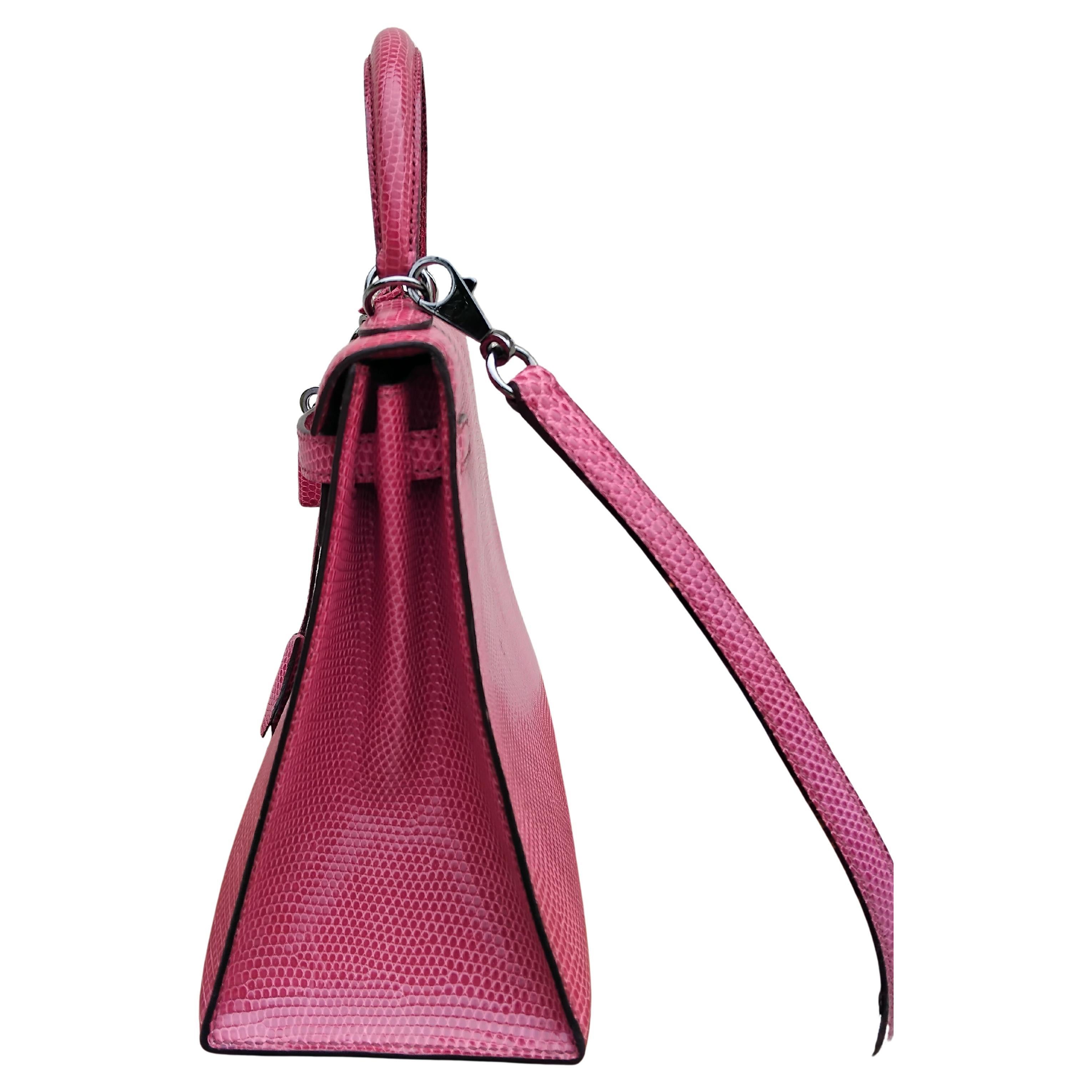 Hermès Kelly 25 cm Sellier Fuchsia Rosa Eidechse Ruth Hdw Mit Spiegel im Angebot 10