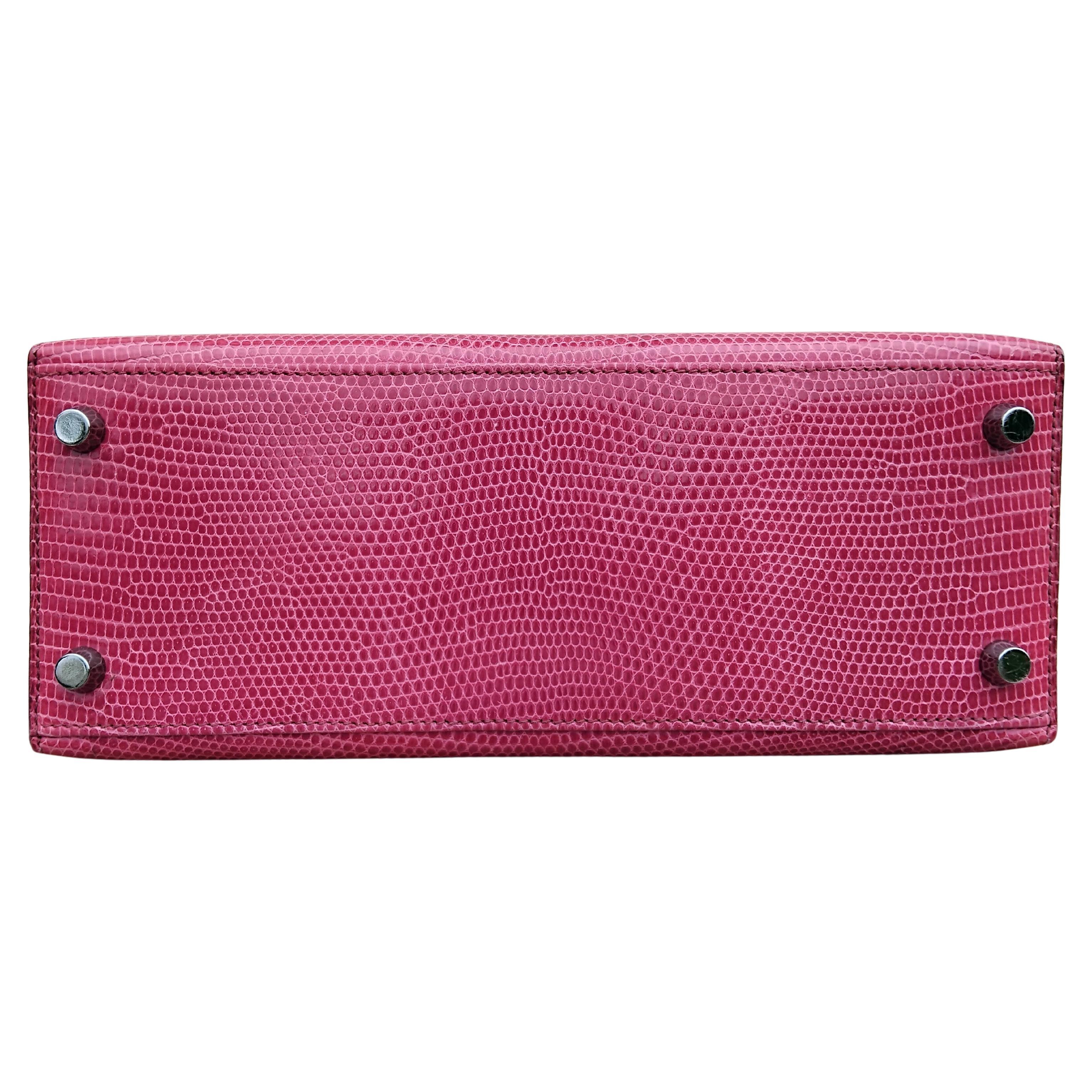 Hermès Kelly 25 cm Sellier Fuchsia Rosa Eidechse Ruth Hdw Mit Spiegel im Angebot 8