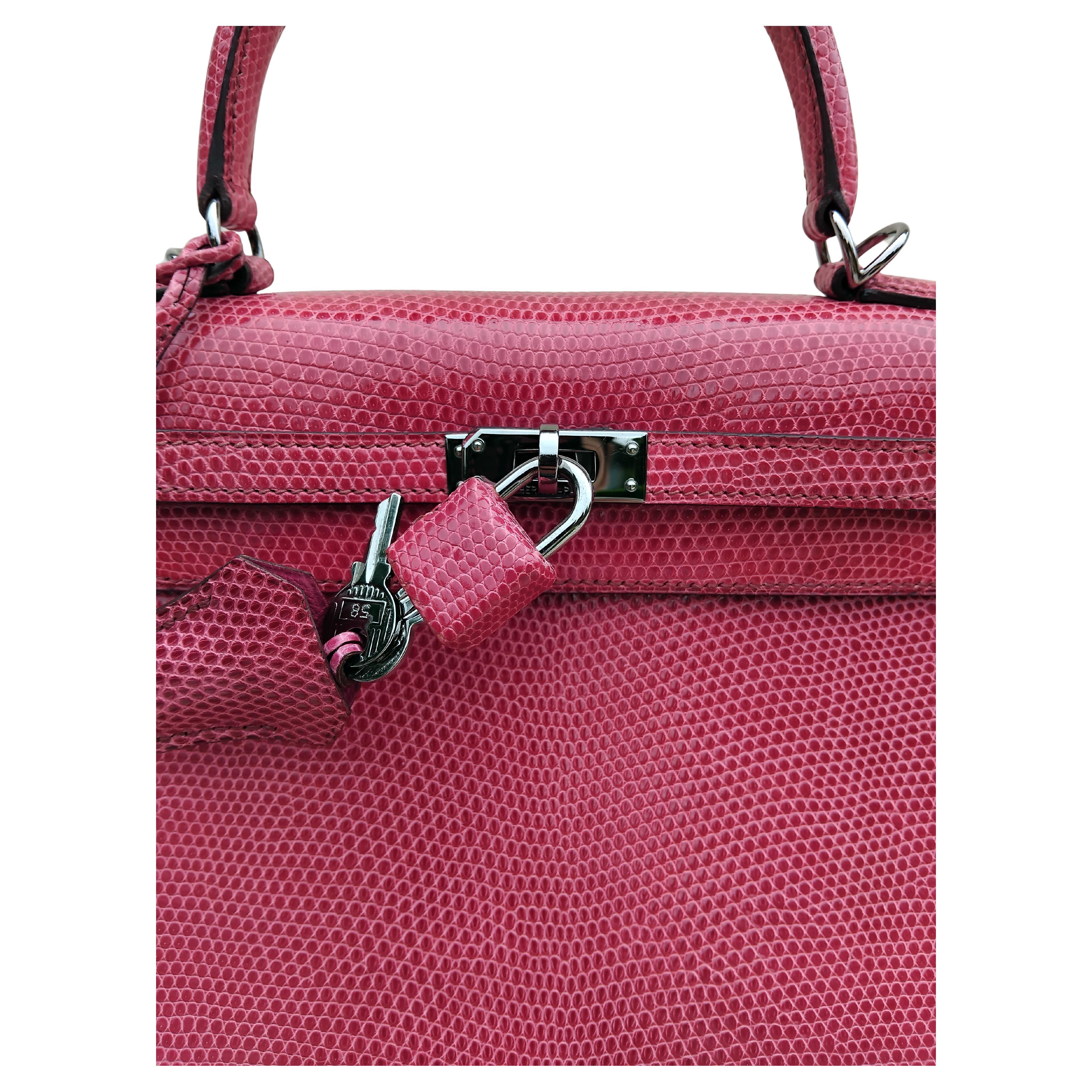 Hermès Kelly 25 cm Sellier Fuchsia Rosa Eidechse Ruth Hdw Mit Spiegel im Angebot 7