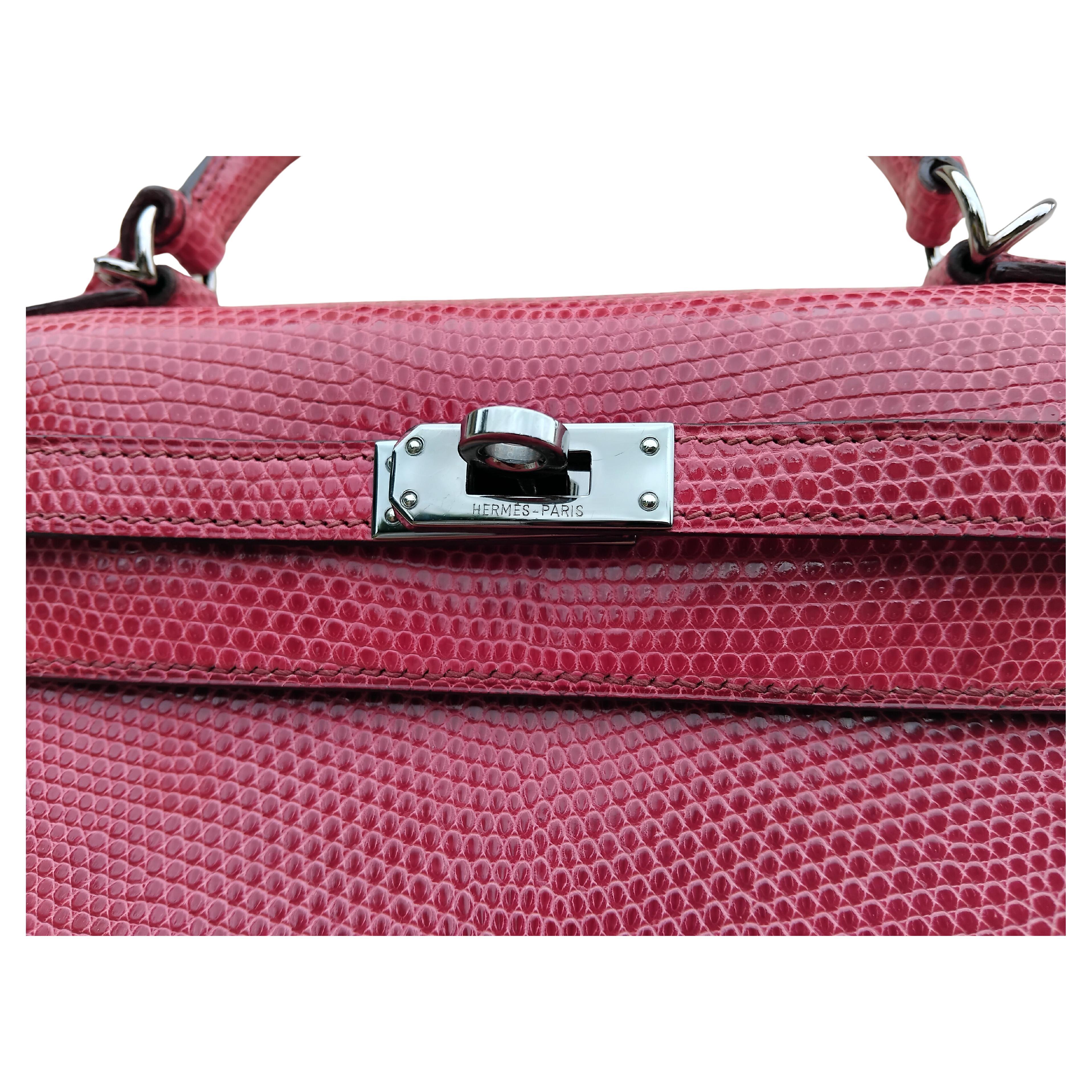 Hermès Kelly 25 cm Sellier Fuchsia Rosa Eidechse Ruth Hdw Mit Spiegel im Angebot 6