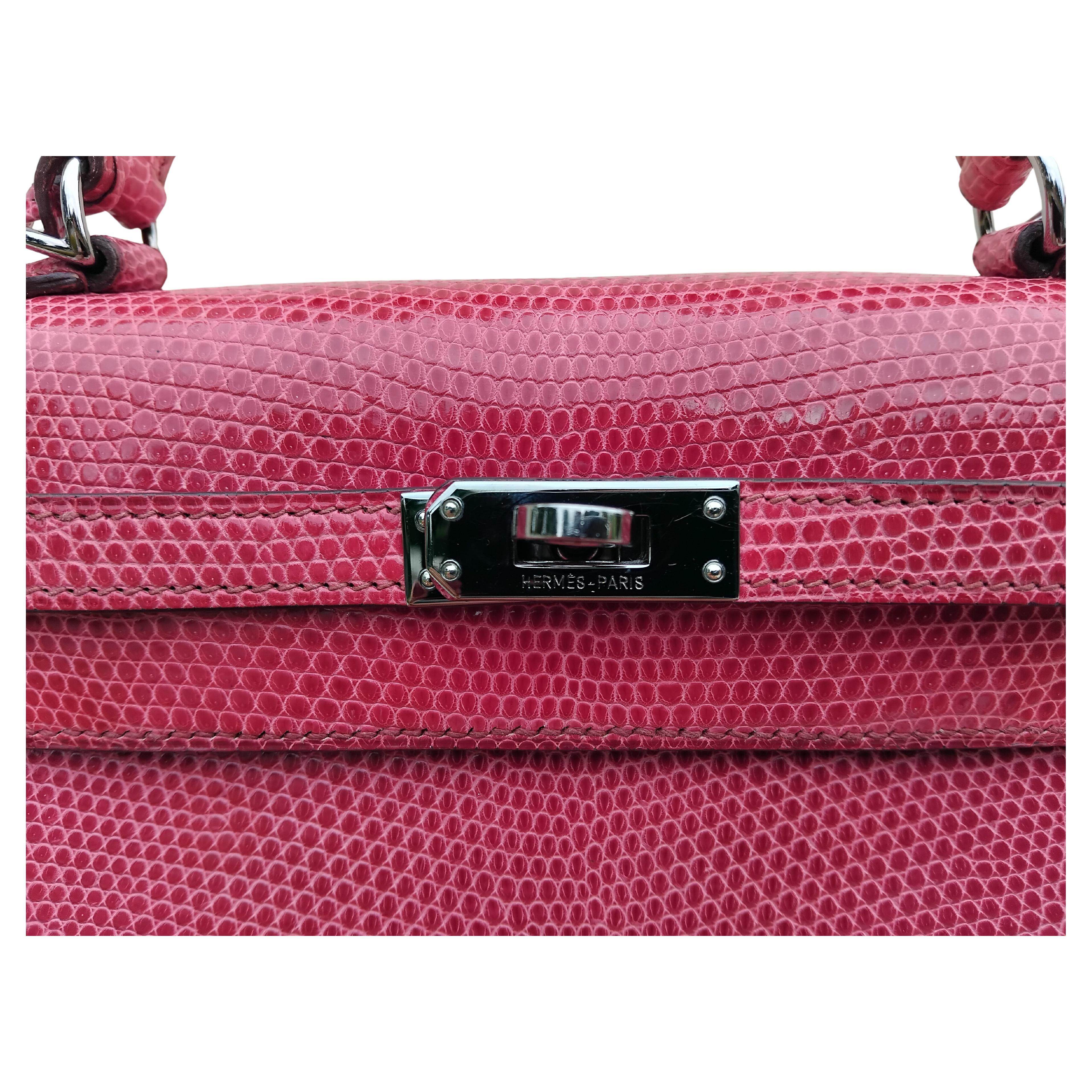 Hermès Kelly 25 cm Sellier Fuchsia Rosa Eidechse Ruth Hdw Mit Spiegel im Angebot 5