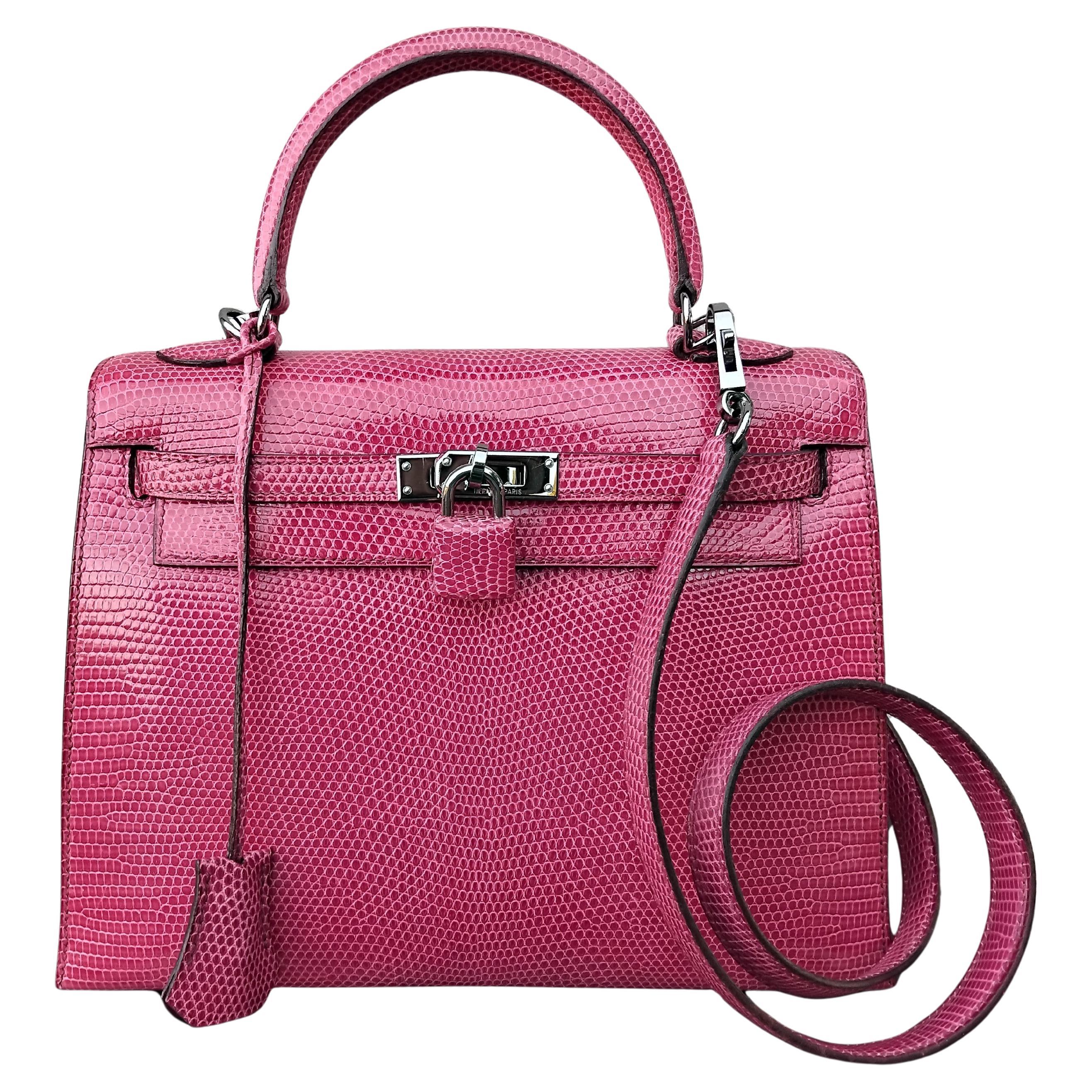 Hermès Kelly 25 cm Sellier Fuchsia Rosa Eidechse Ruth Hdw Mit Spiegel