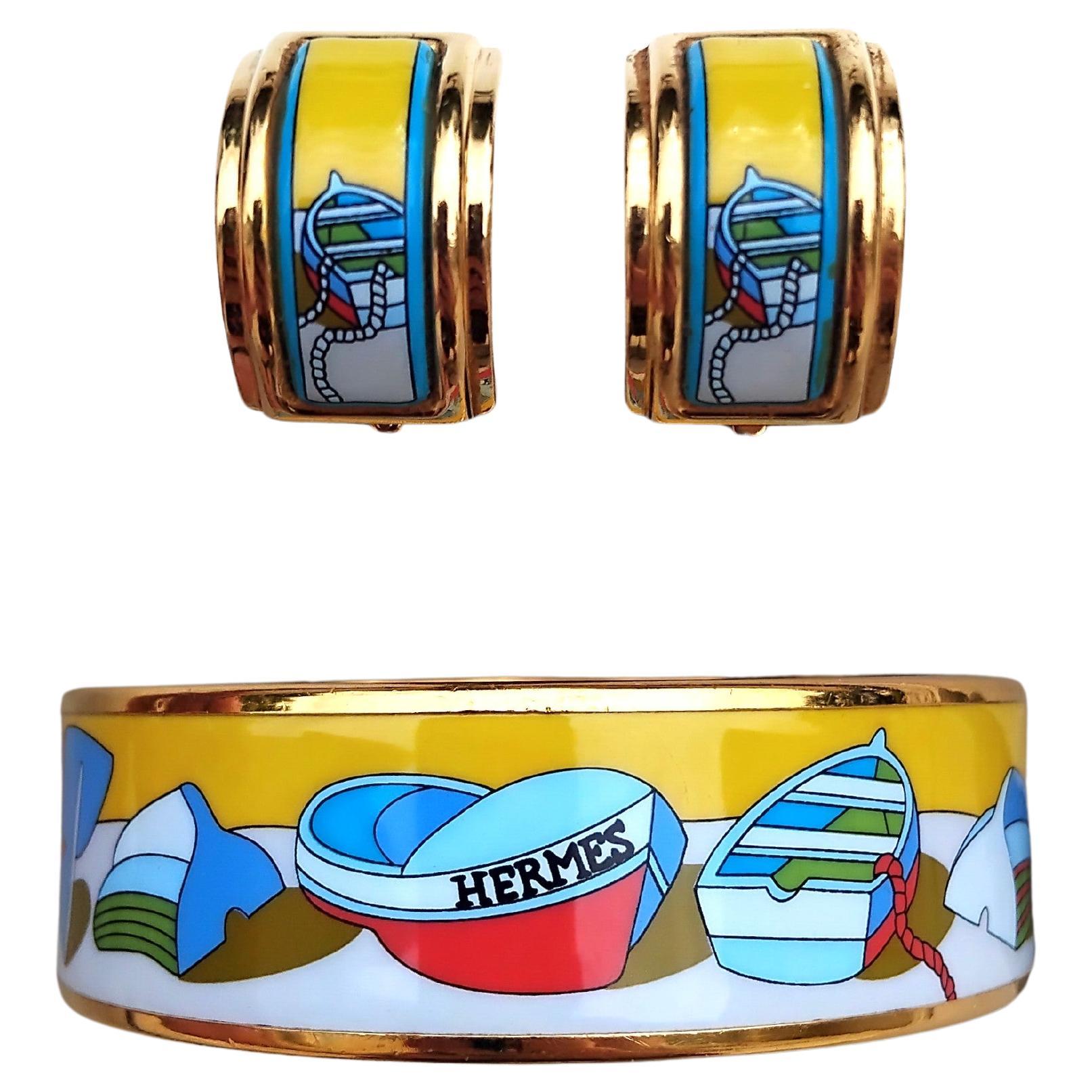 Hermès Matching Set Enamel Bracelet Earrings Thalassa Boat 70 Ghw For Sale