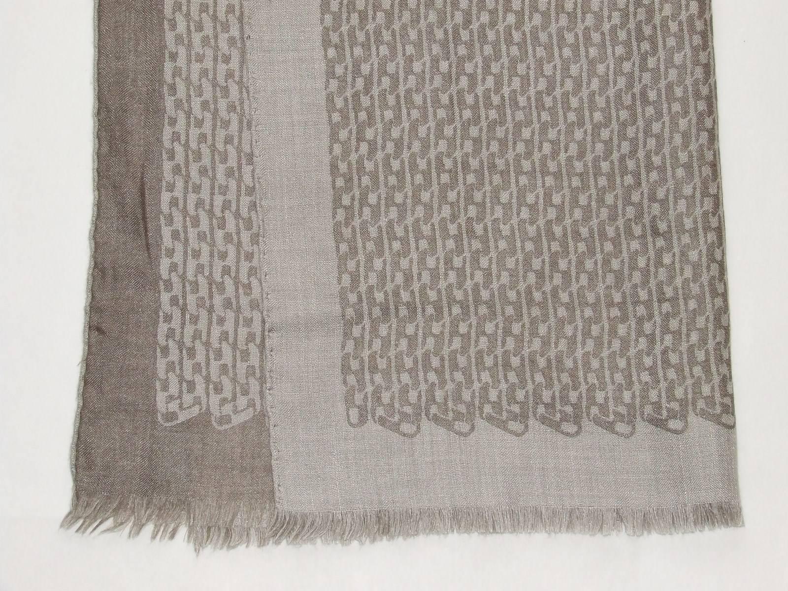 Hermes Reversible woven scarf Curb Chain Cashmere Silk Etoupe Beige 186 cm 5