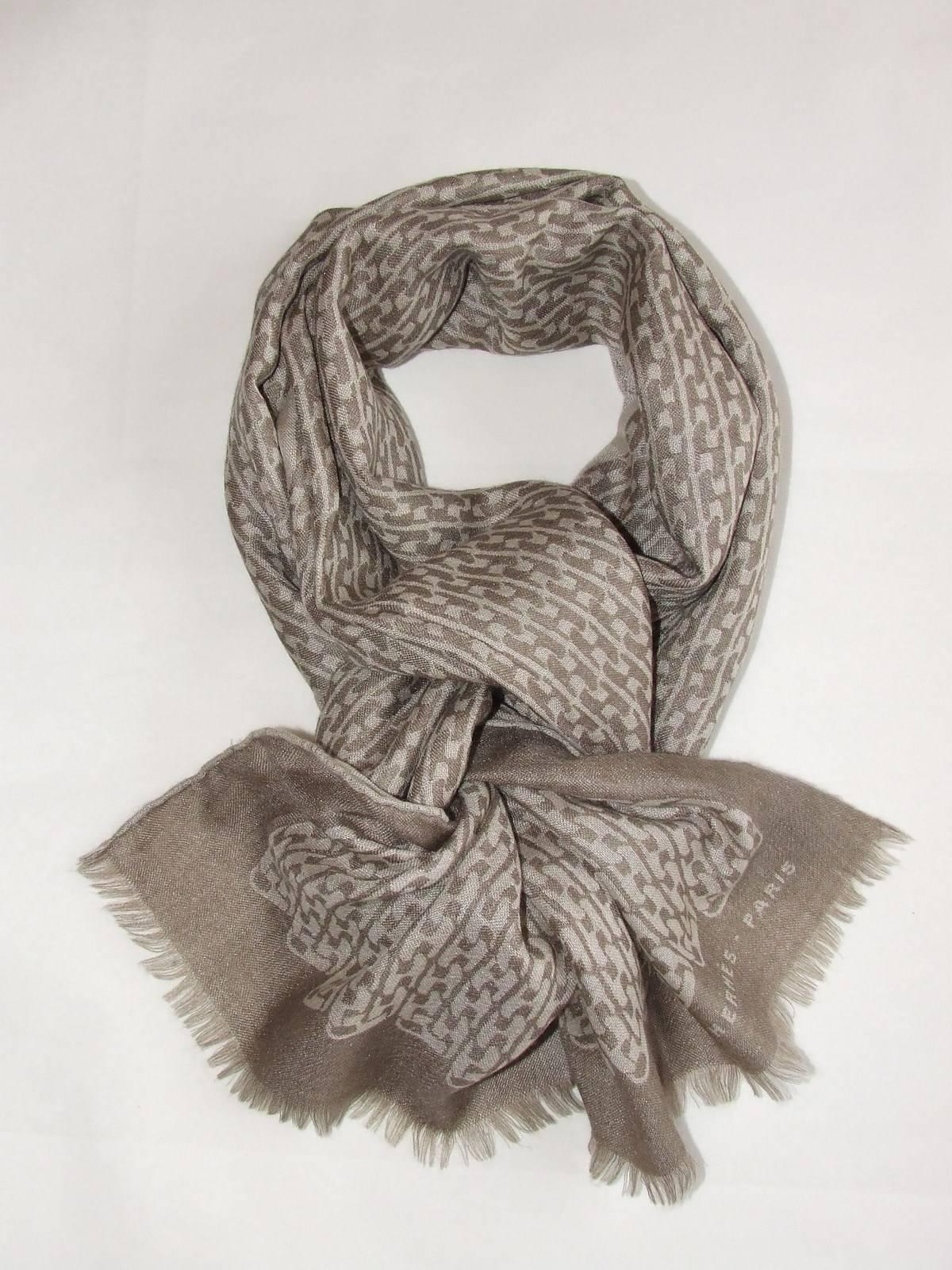 Hermes Reversible woven scarf Curb Chain Cashmere Silk Etoupe Beige 186 cm 6