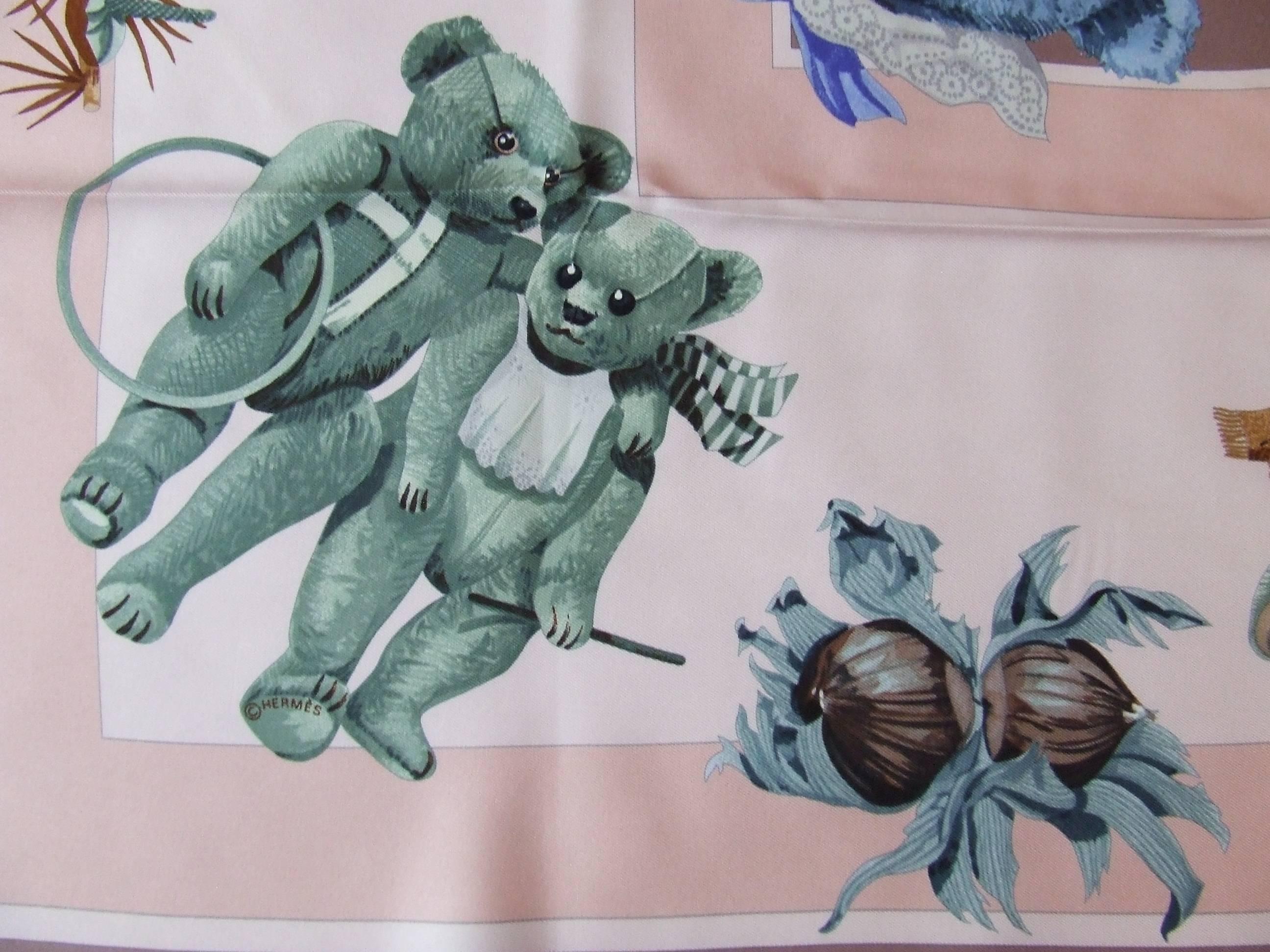 Brown Hermes Silk Scarf Confidents des coeurs Bears Pink Blue 90 cm