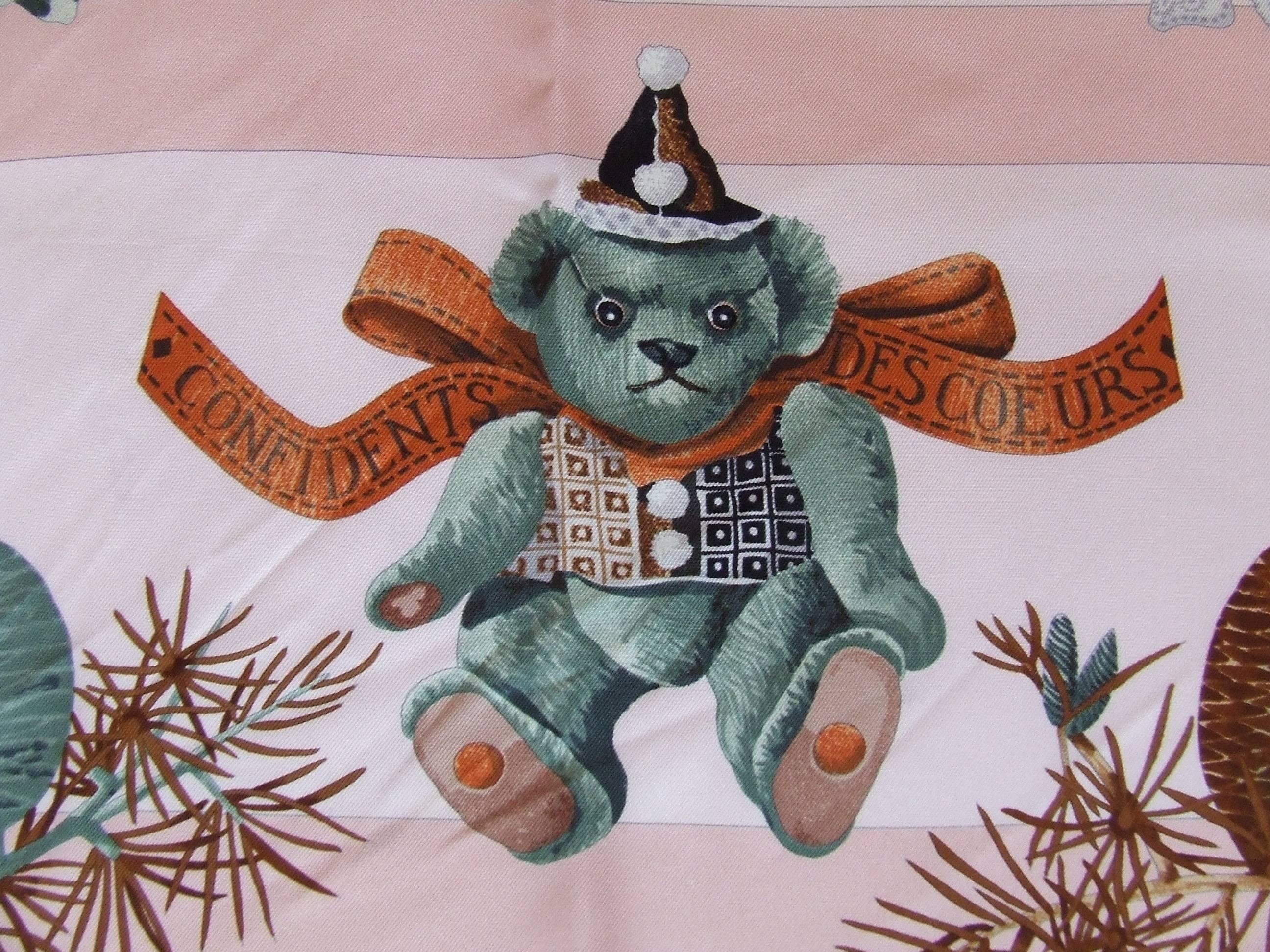 Women's Hermes Silk Scarf Confidents des coeurs Bears Pink Blue 90 cm
