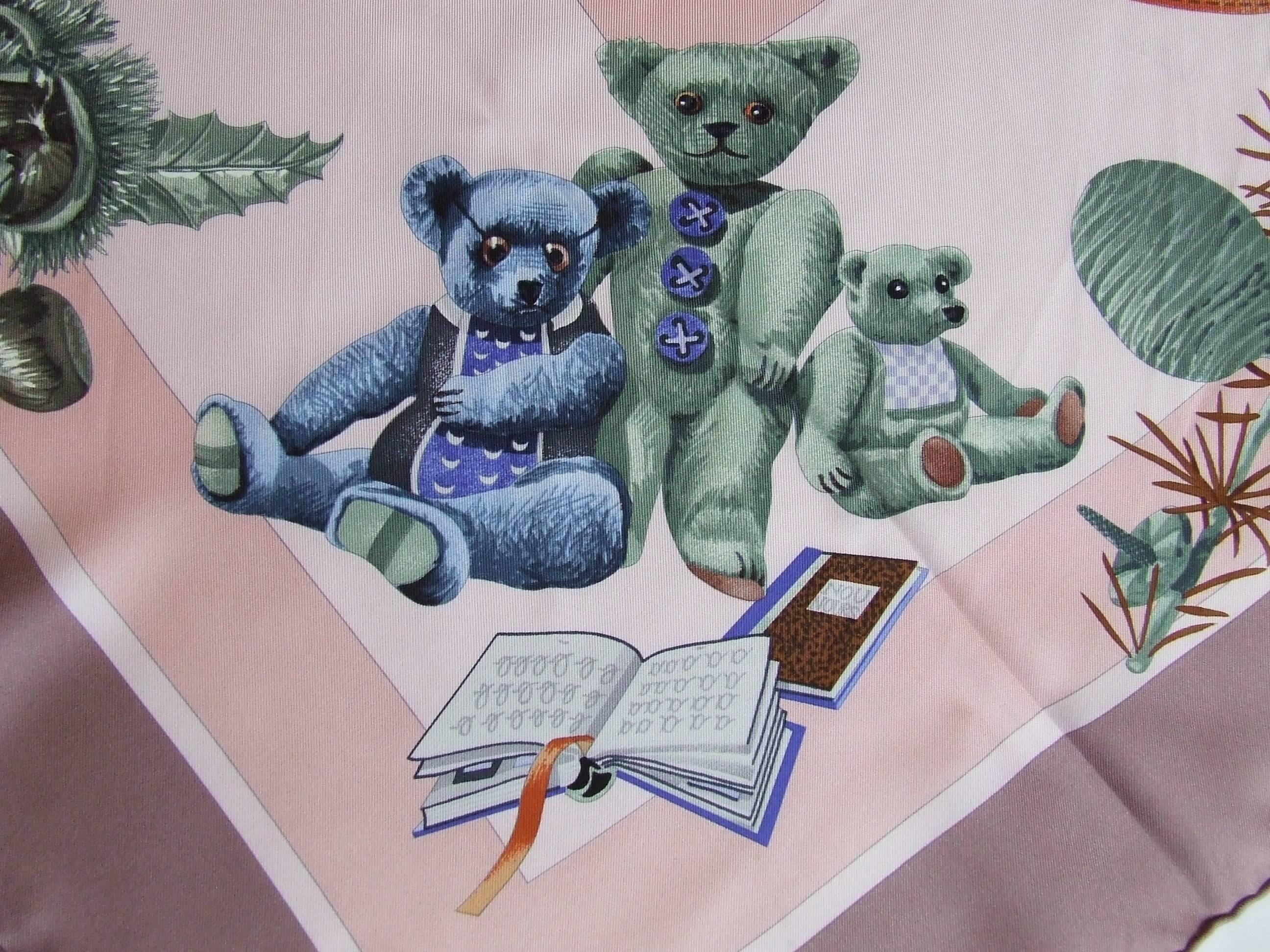 Hermes Silk Scarf Confidents des coeurs Bears Pink Blue 90 cm 3