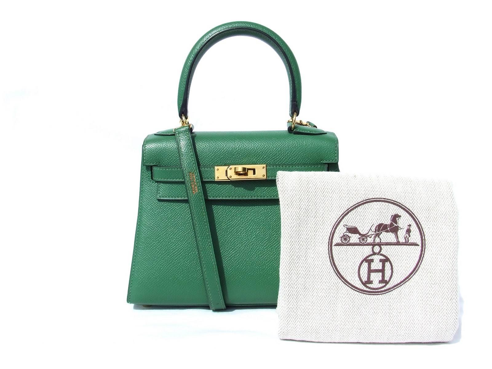Rare Hermes Mini Kelly 20 cm Sellier Bag Green Courchevel Leather GHW  3