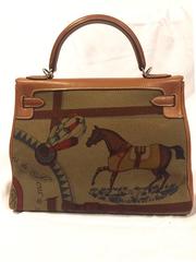 Rare Hermes Amazone Kelly Bag Barenia Horse Print Toile PHW 32 cm
