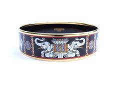 Hermes Black Enamel Printed Bracelet Elephants Pattern Torana GHW GM 70 In Pouch