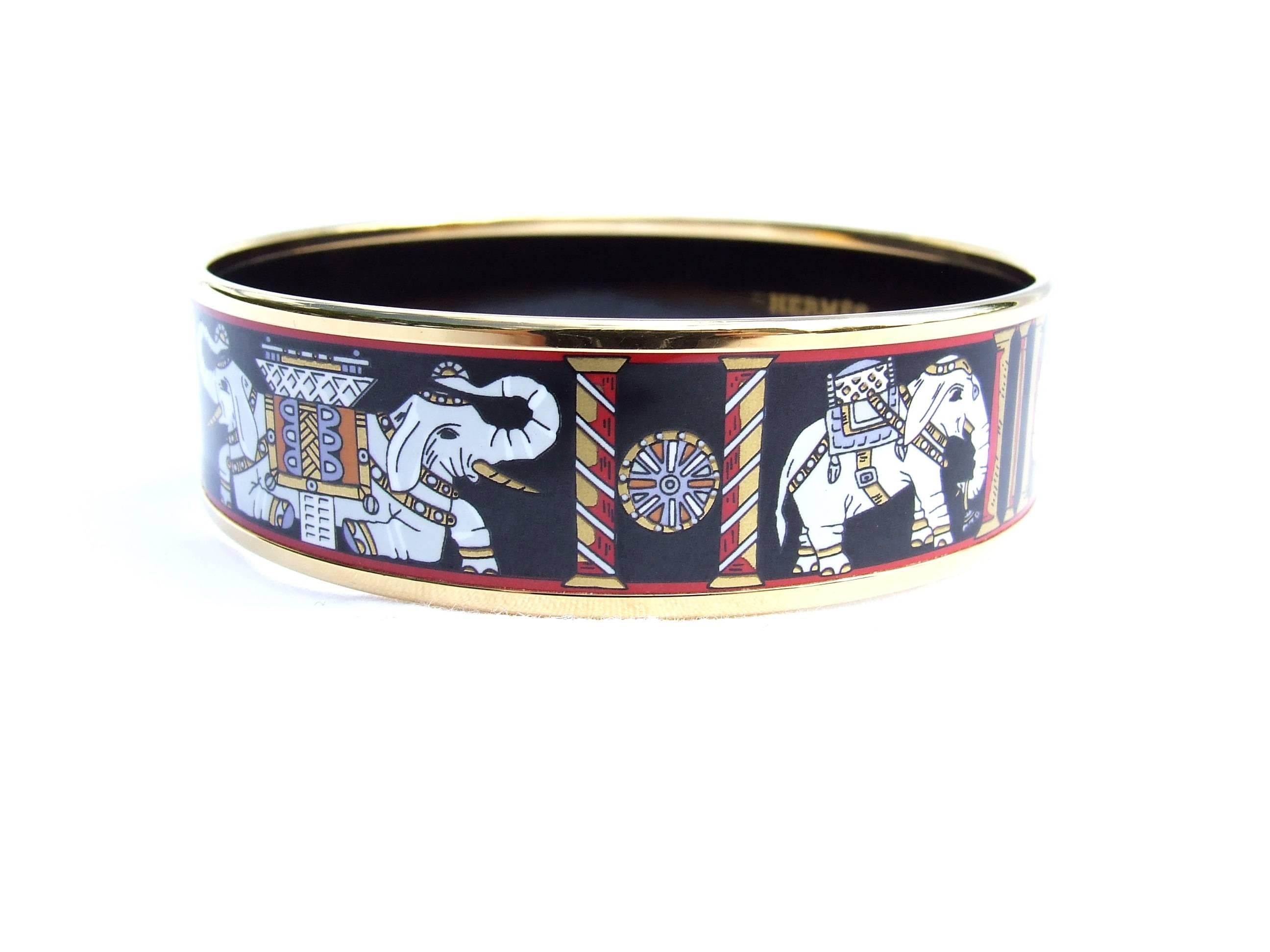 Women's Hermes Black Enamel Printed Bracelet Elephants Pattern Torana GHW GM 70 In Pouch