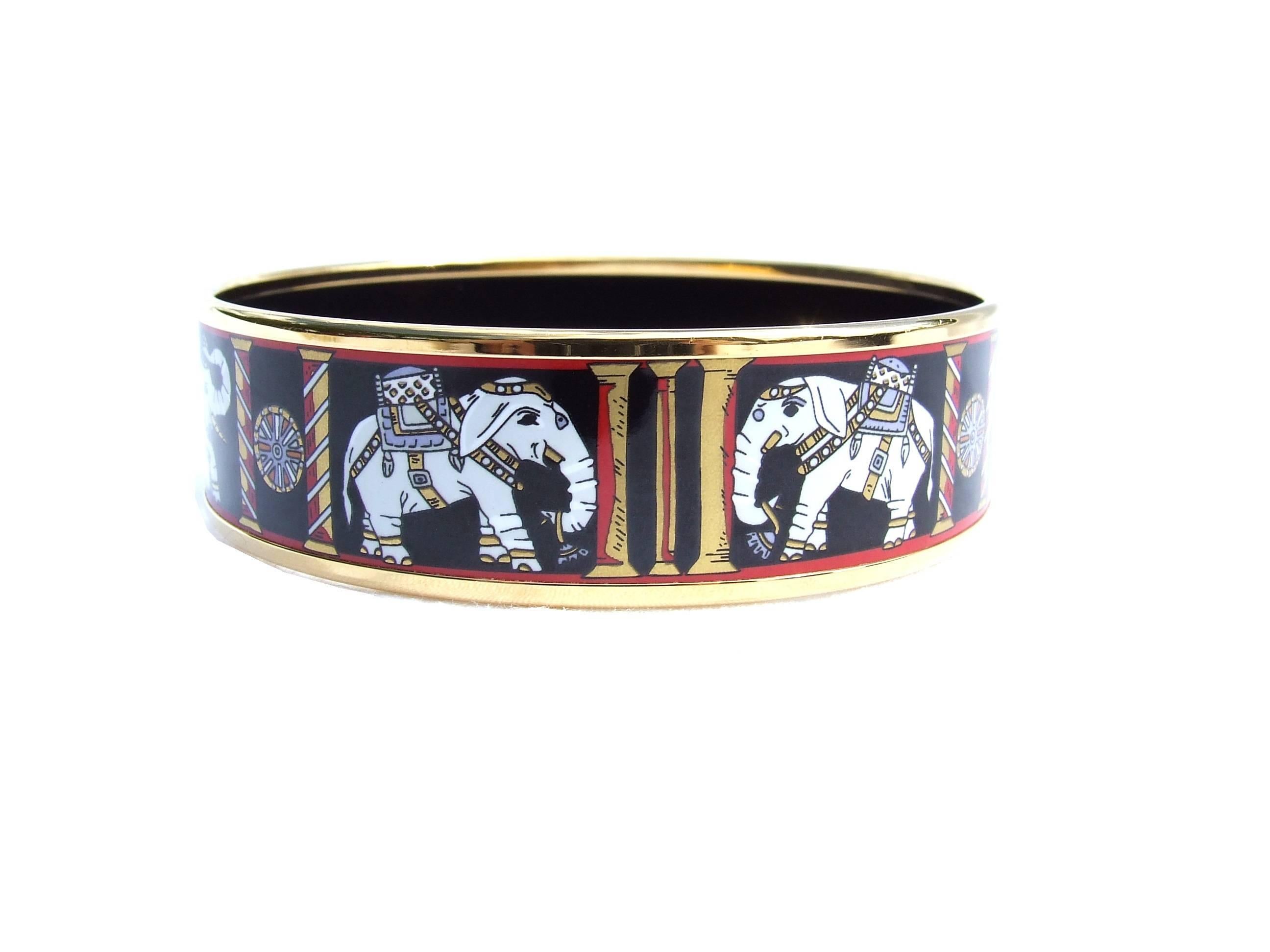 Hermes Black Enamel Printed Bracelet Elephants Pattern Torana GHW GM 70 In Pouch 3
