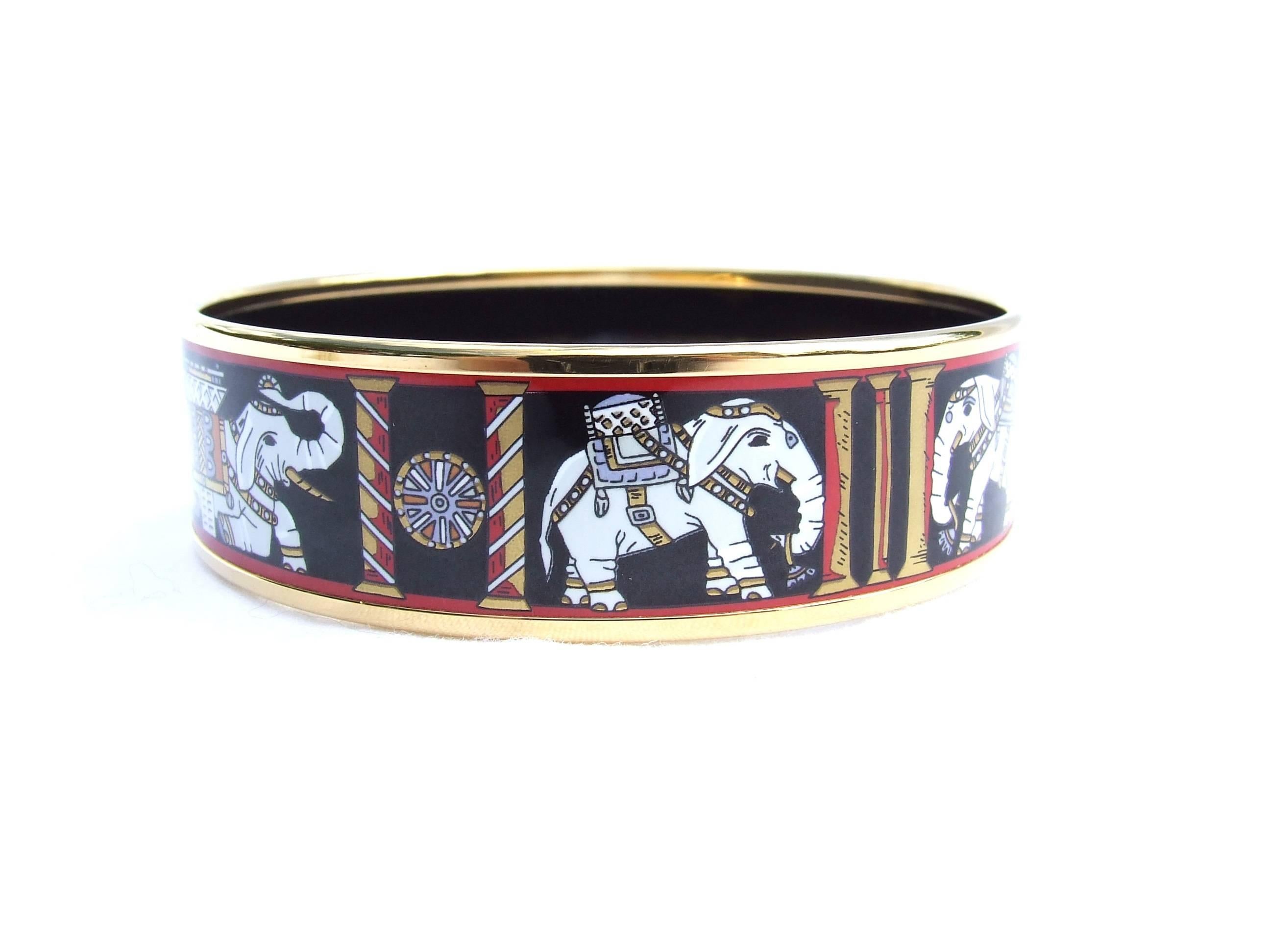 Hermes Black Enamel Printed Bracelet Elephants Pattern Torana GHW GM 70 In Pouch 5