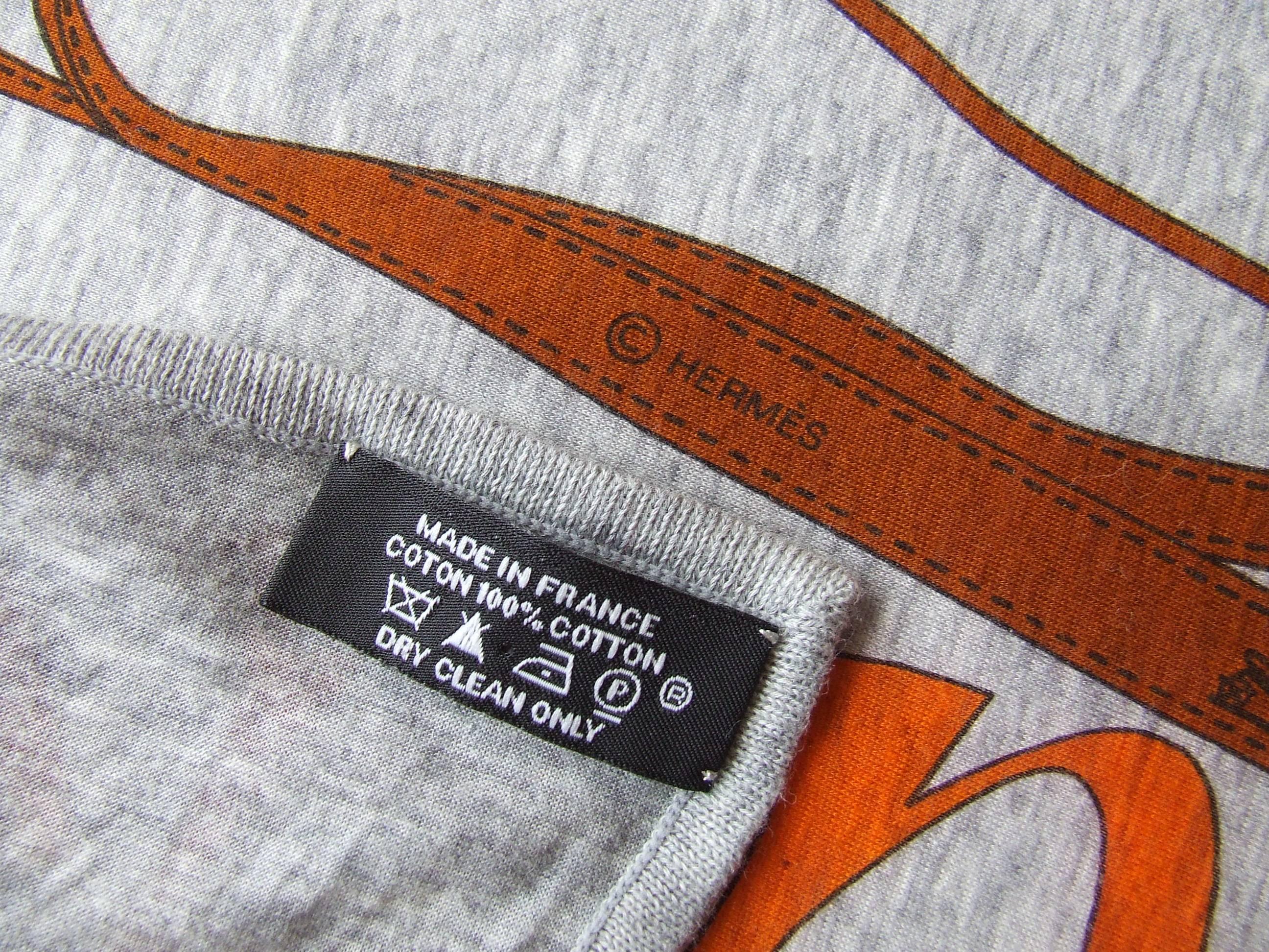 Women's Rare Hermes Cotton Scarf Shawl T-Shirt Monsieur Madame Grey Red Orange 117 cm