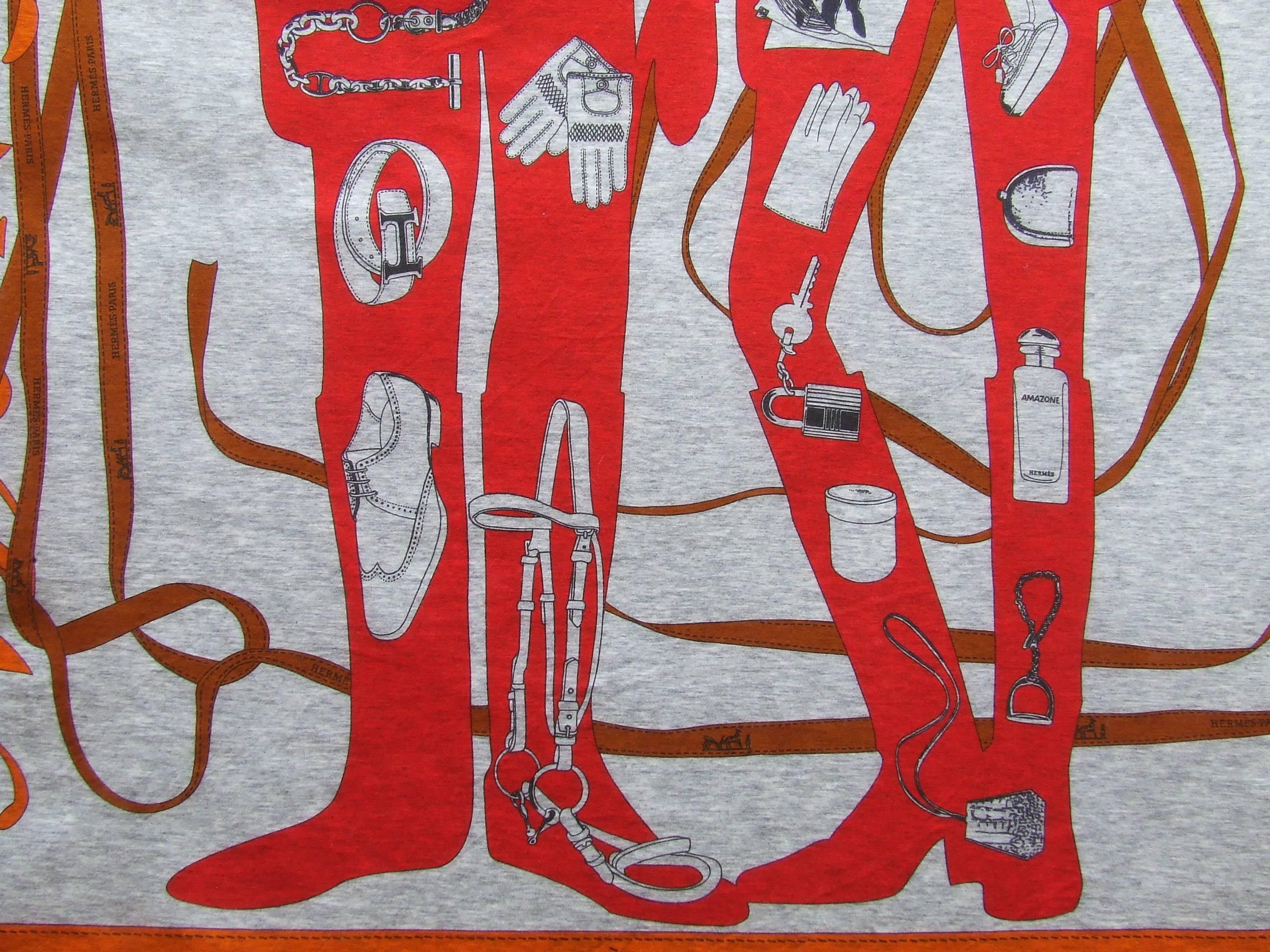 Rare Hermes Cotton Scarf Shawl T-Shirt Monsieur Madame Grey Red Orange 117 cm 2