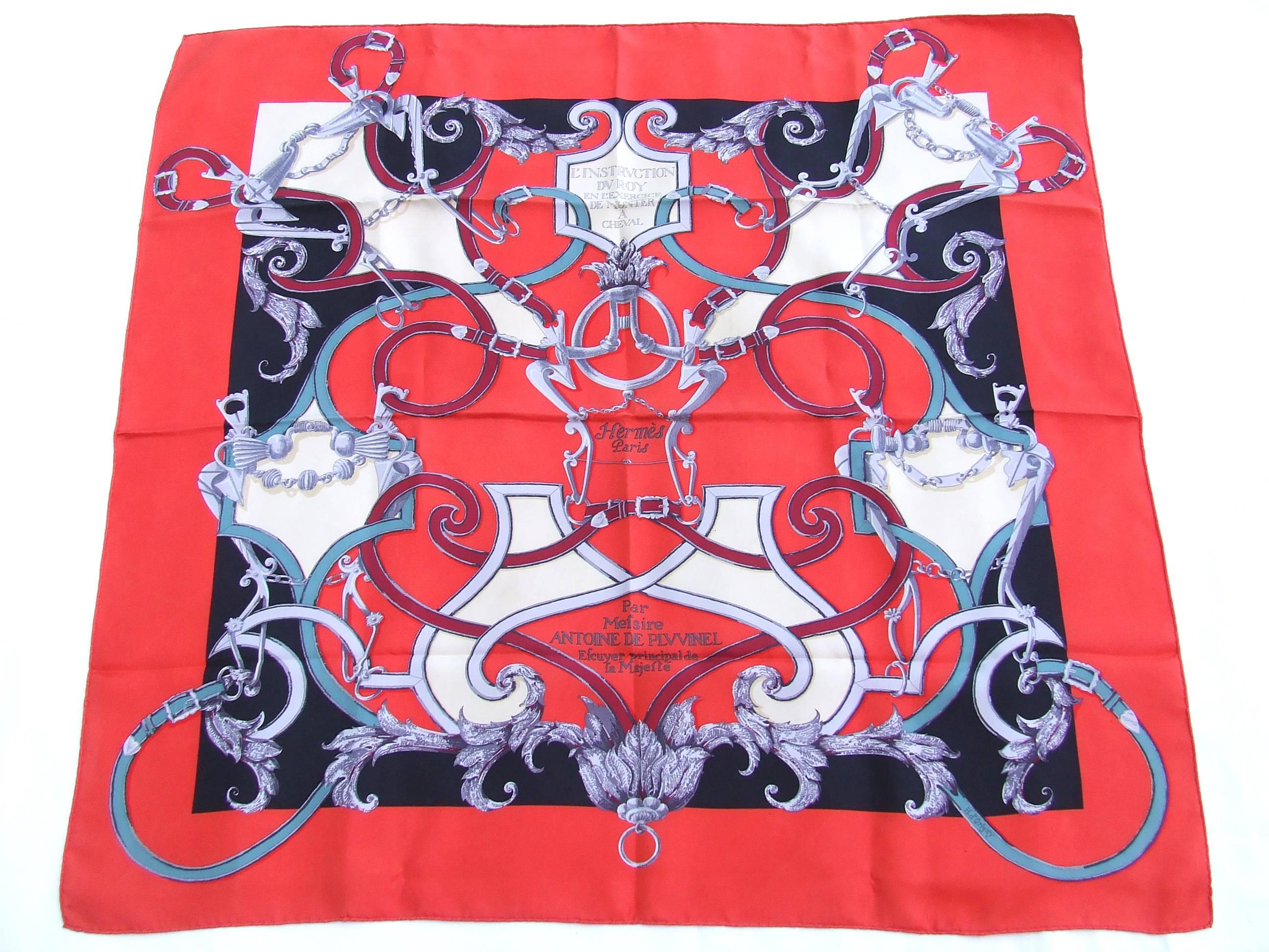 Here is one of my favorites Hermes scarves !

So beautiful, so chic ... colors are gorgeous

Pattern: "L'INSTRVCTION DU ROY EN L'EXERCICE DE MONTER A CHEVAL"

Designed by Henri d'Origny in 1993; I think this one is a reissue

Made in