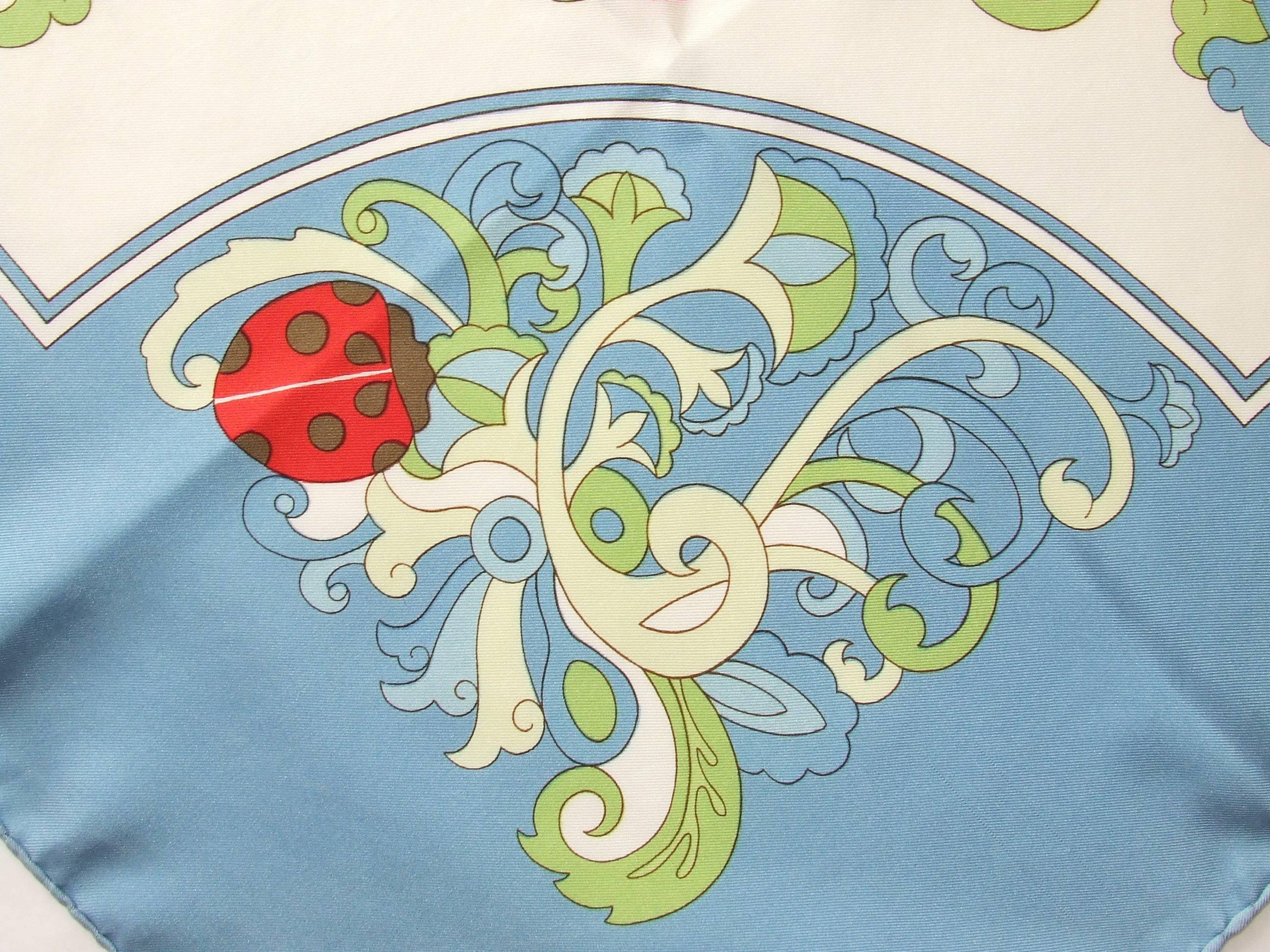 Women's Rare Hermes Silk Scarf Coccinelles Ladybugs Karin Swildens White 88 cm